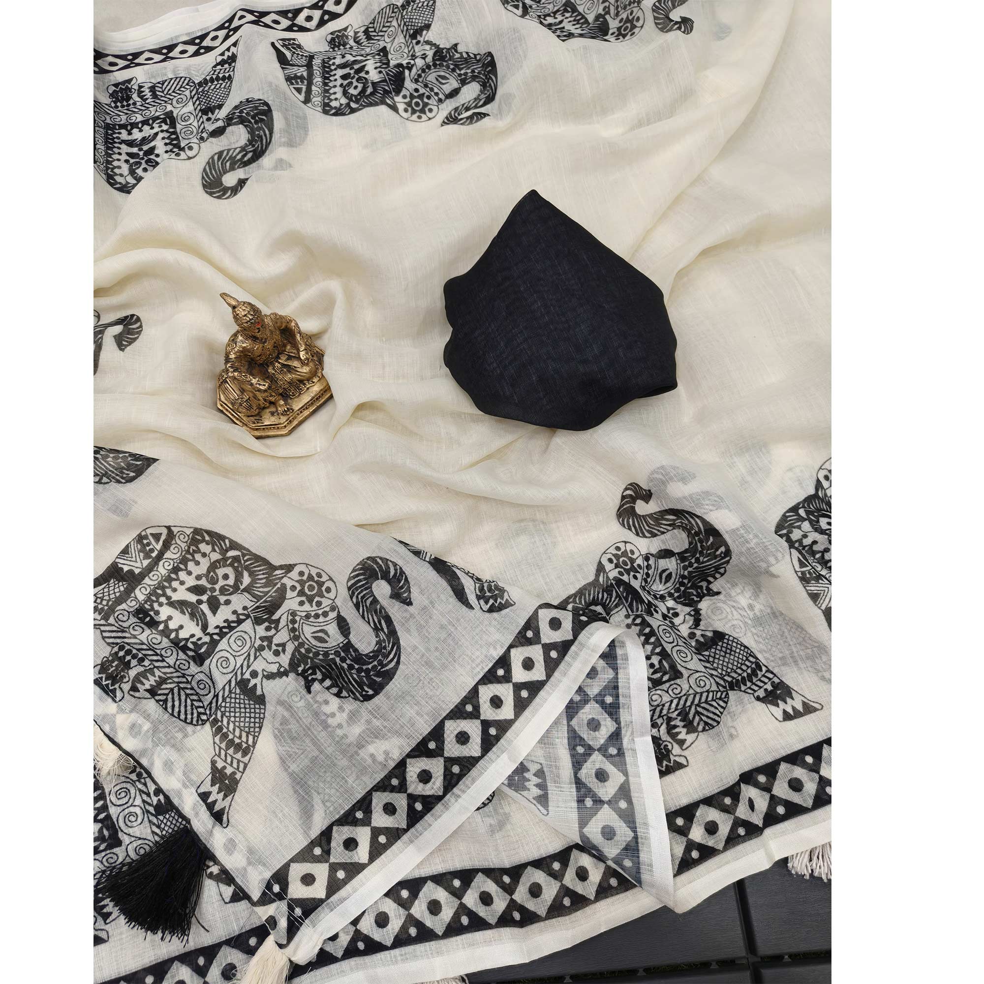 Cream Colored Floral Printed Saree in Comfortable Linen Cotton Fabric