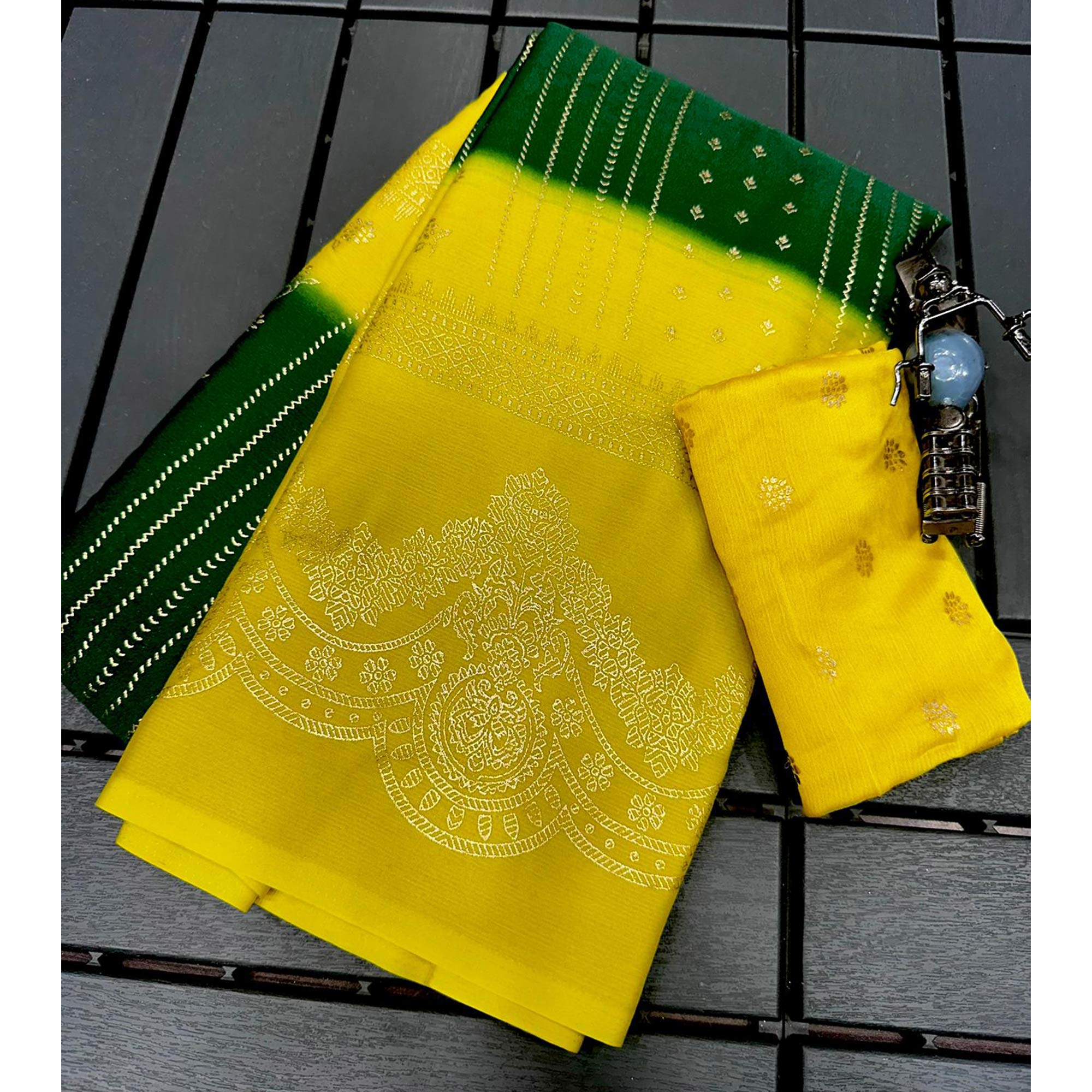 Green & Yellow Foil Printed Chiffon Saree