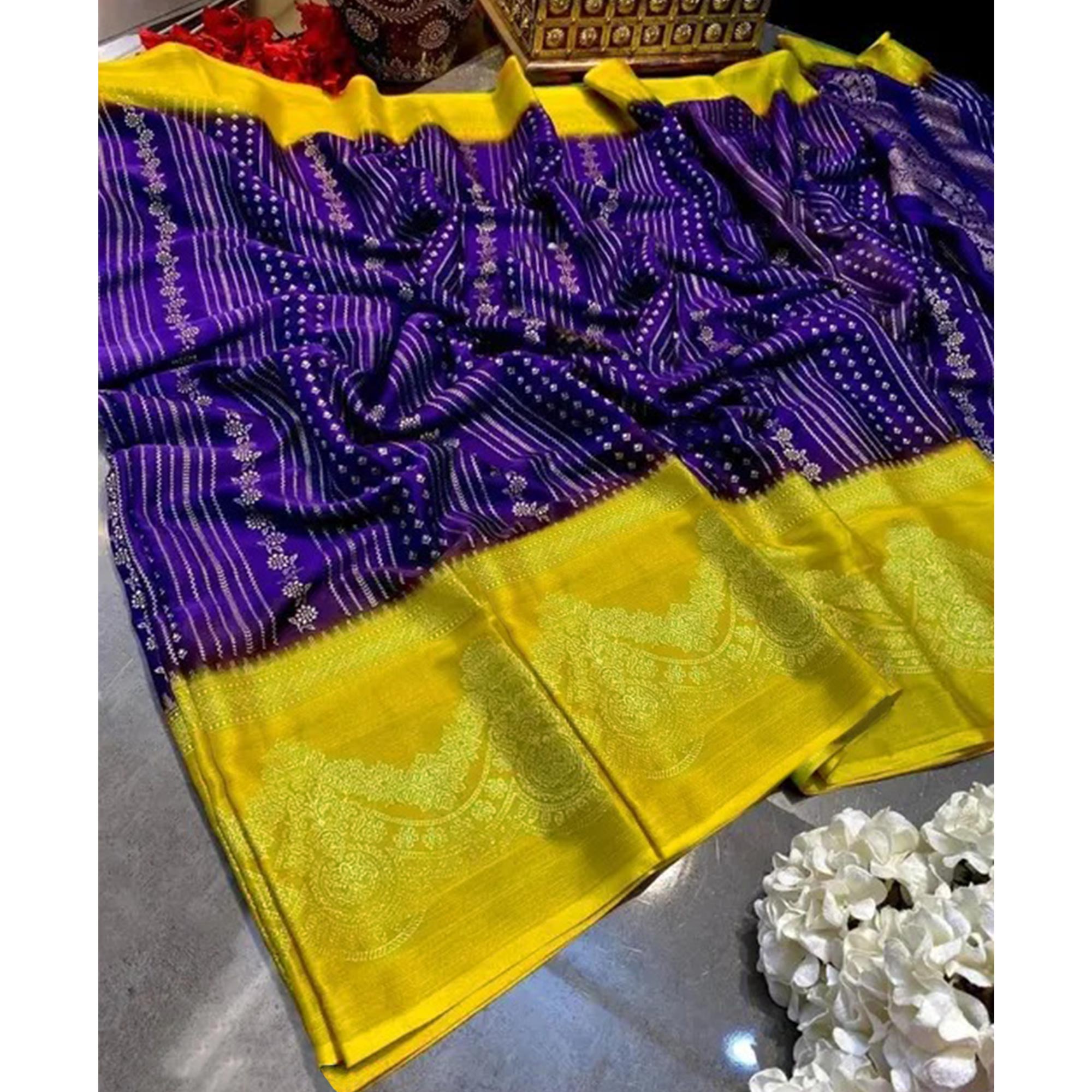 Purple & Yellow Foil Printed Chiffon Saree