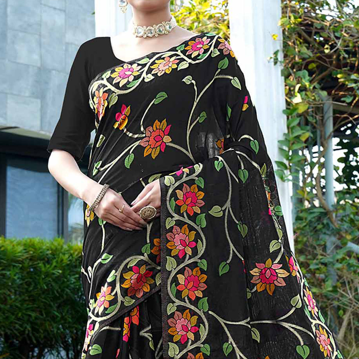 Black Floral Woven Cotton Silk Saree With Tassels