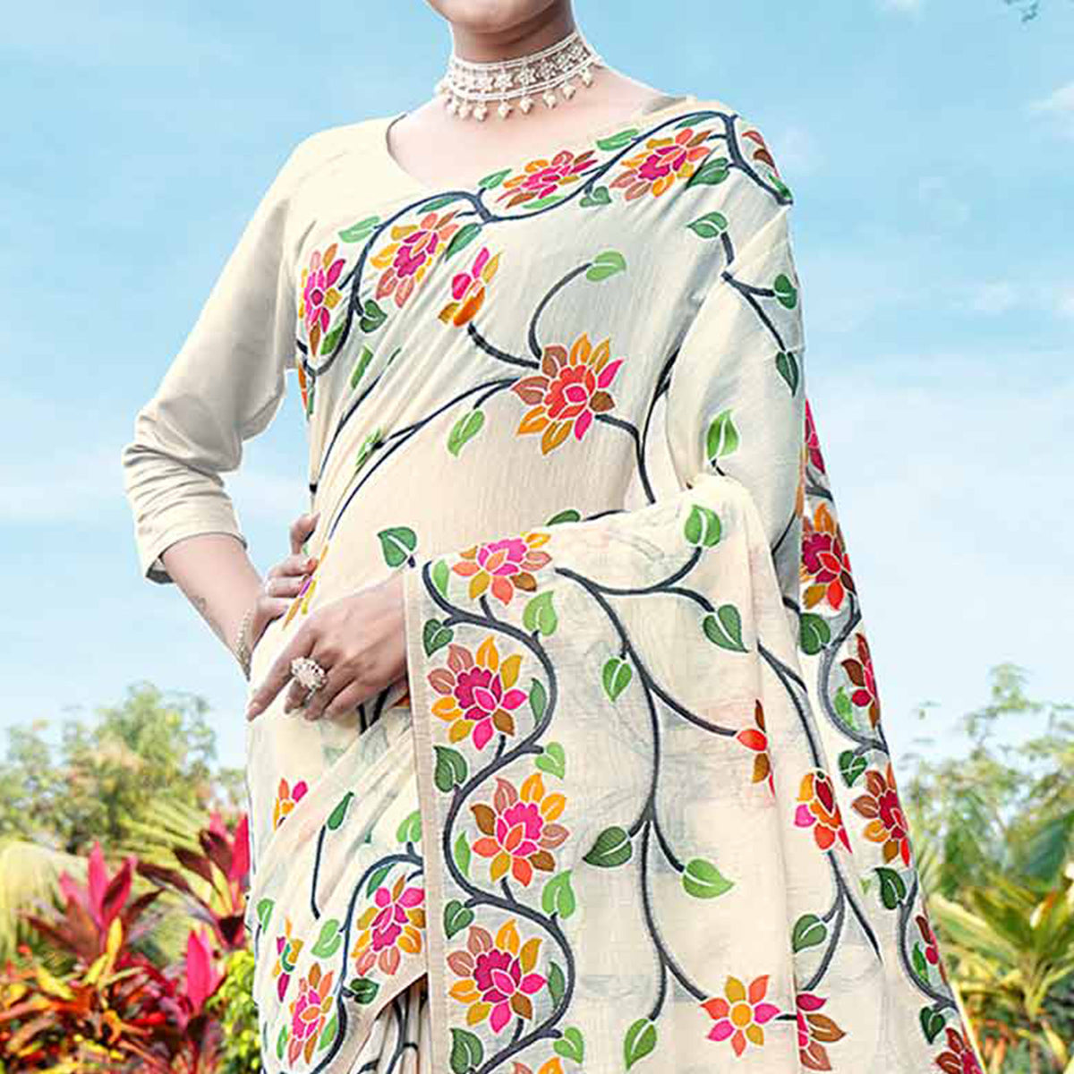 Cream Floral Woven Cotton Silk Saree With Tassels