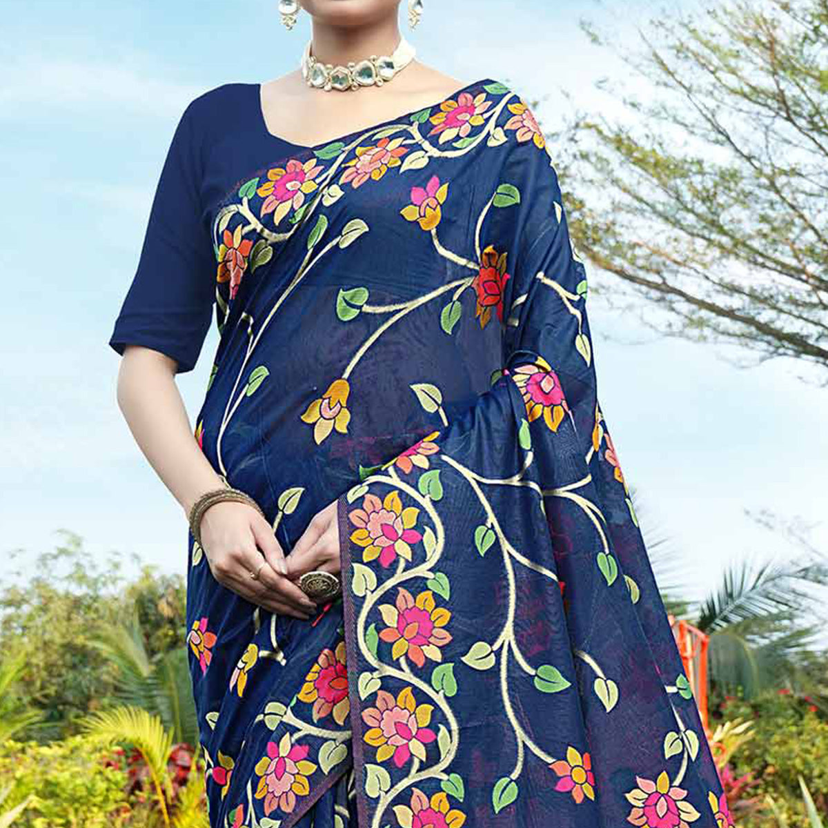 Navy Blue Floral Woven Cotton Silk Saree With Tassels