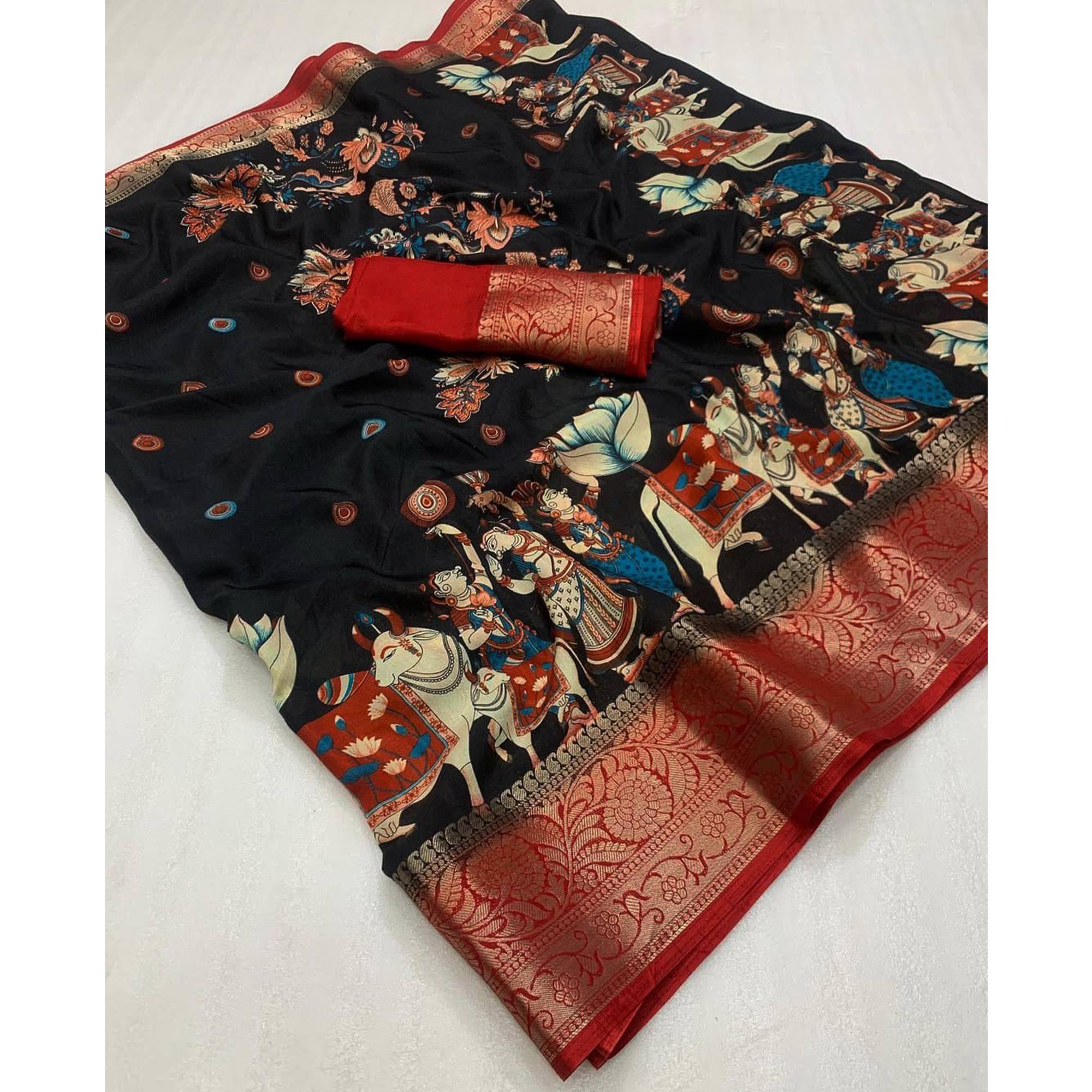 Elegant Black Printed Dola Silk Saree Accented With A Floral Woven Border