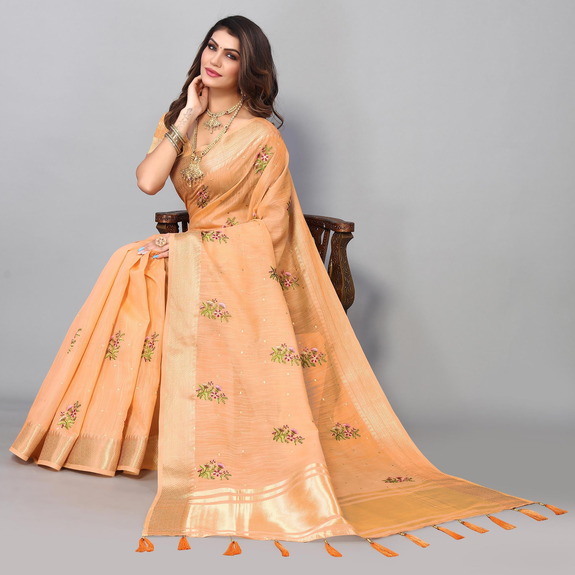 Light Orange Floral Embroidered Cotton Silk Saree With Zari Border