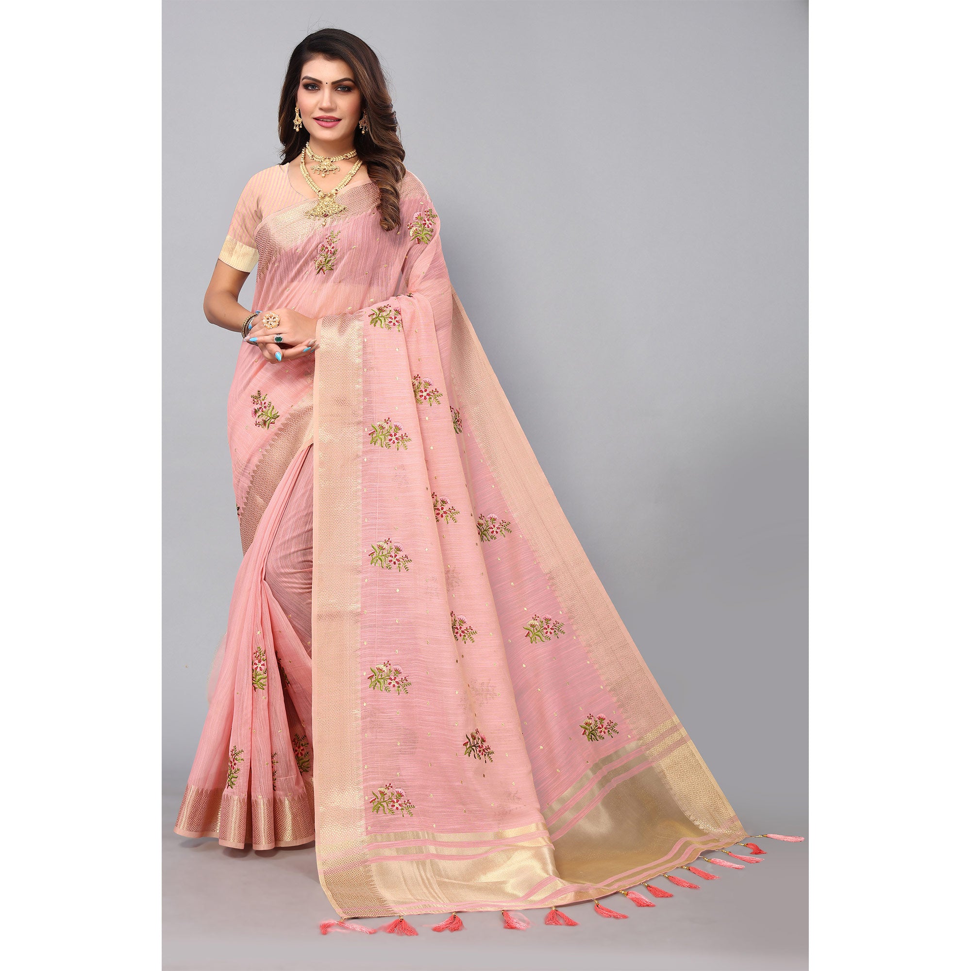 Pink Floral Embroidered Cotton Silk Saree With Zari Border