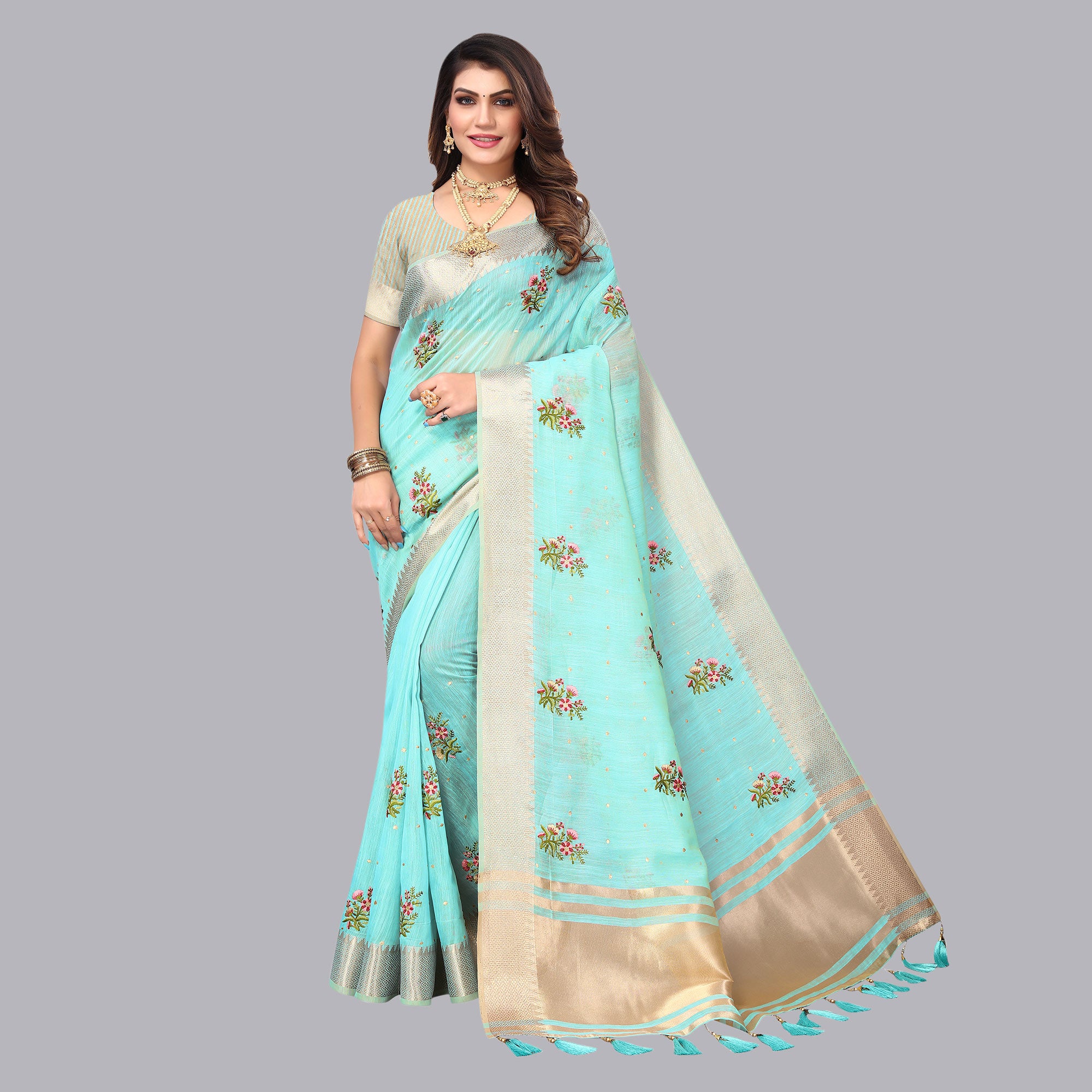 Sky Blue Floral Embroidered Cotton Silk Saree With Zari Border