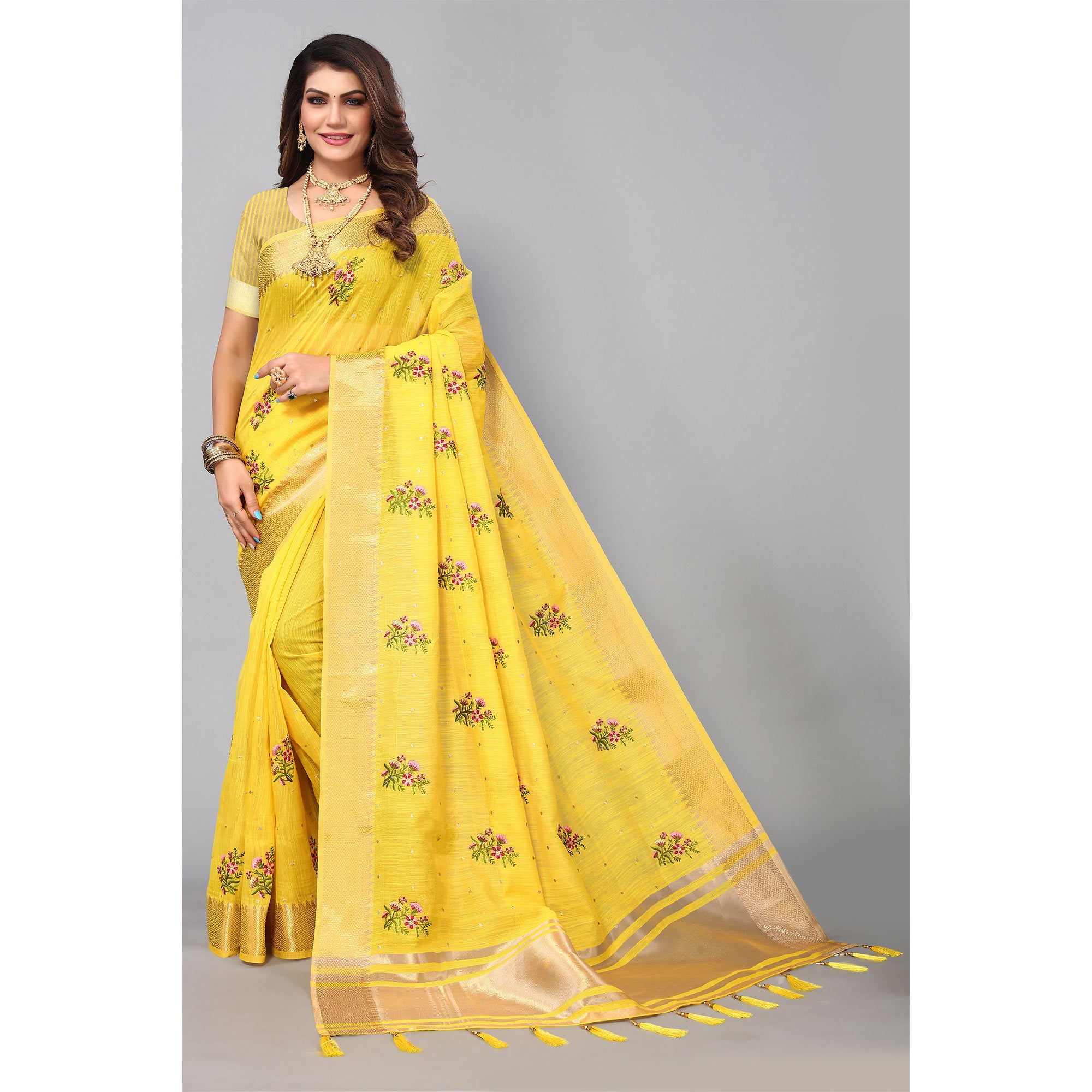 Yellow Floral Embroidered Cotton Silk Saree With Zari Border