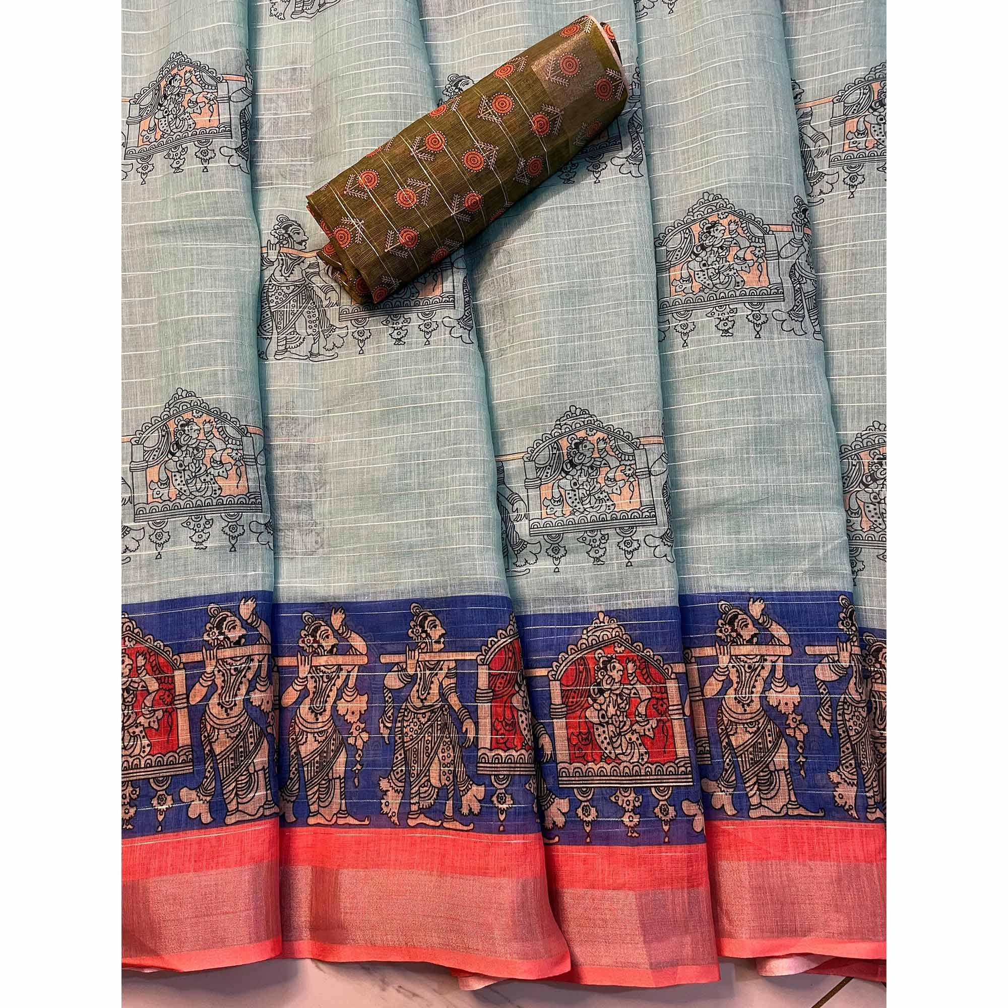 Blue Digital Printed Linen Saree