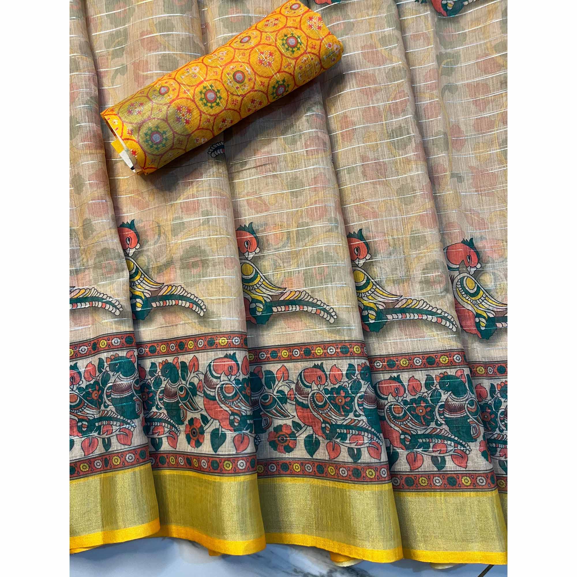 Chikoo Digital Printed Linen Saree