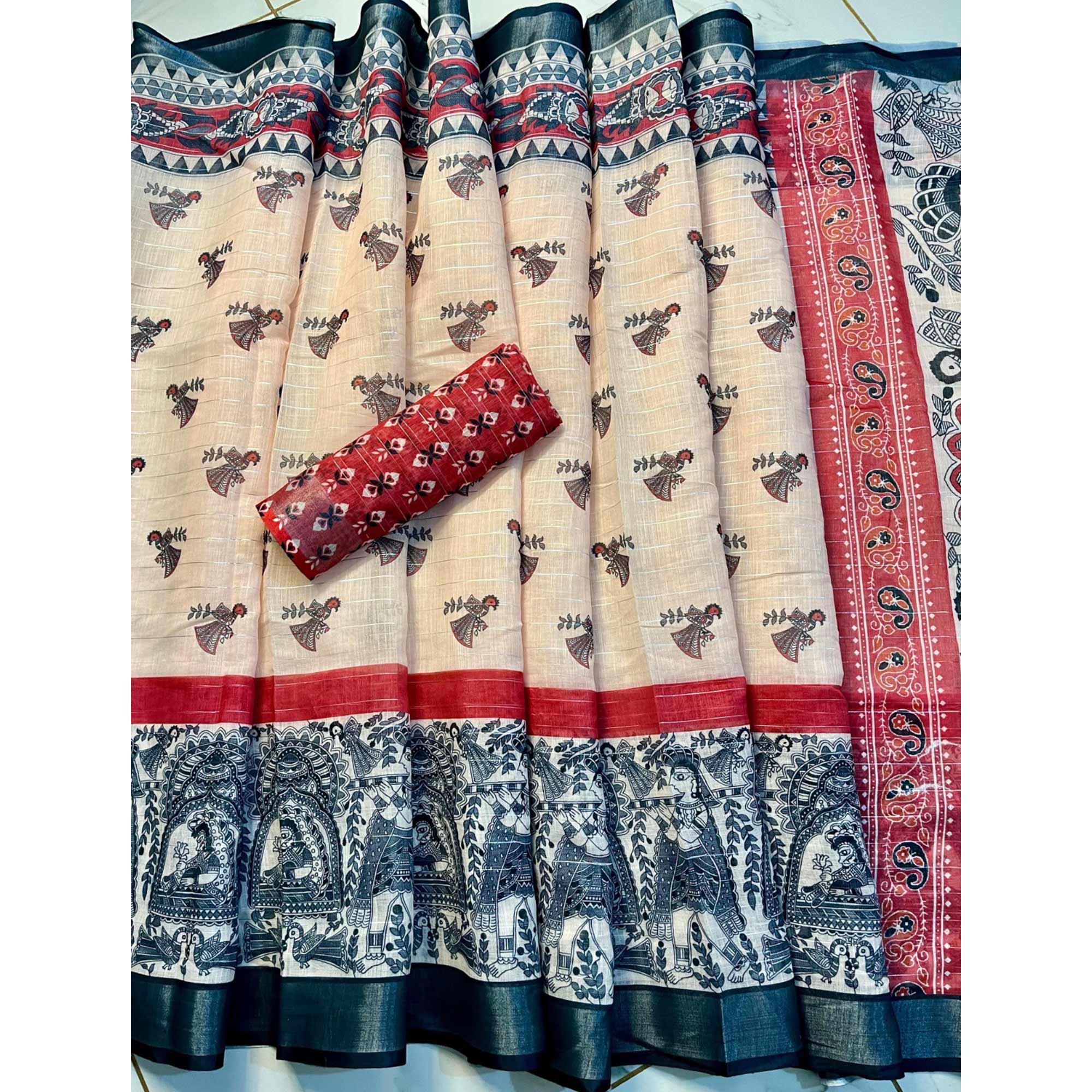 Cream Digital Printed Linen Saree