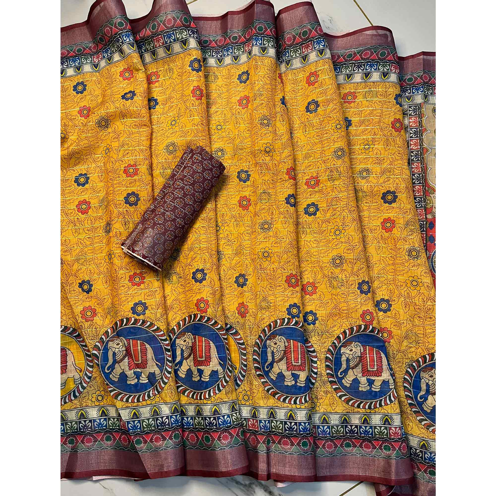 Mustard Digital Printed Linen Saree