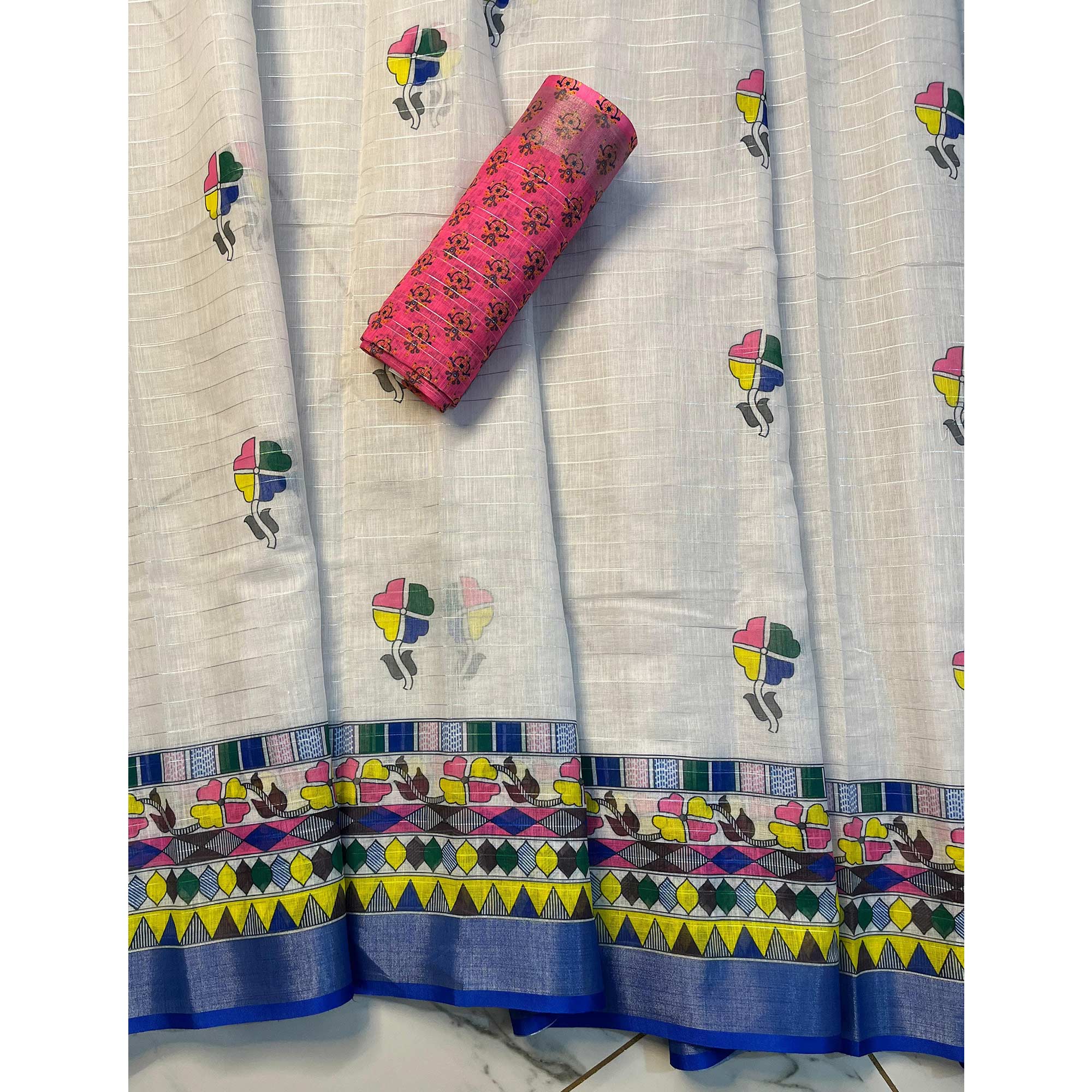 White & Blue Digital Printed Linen Saree