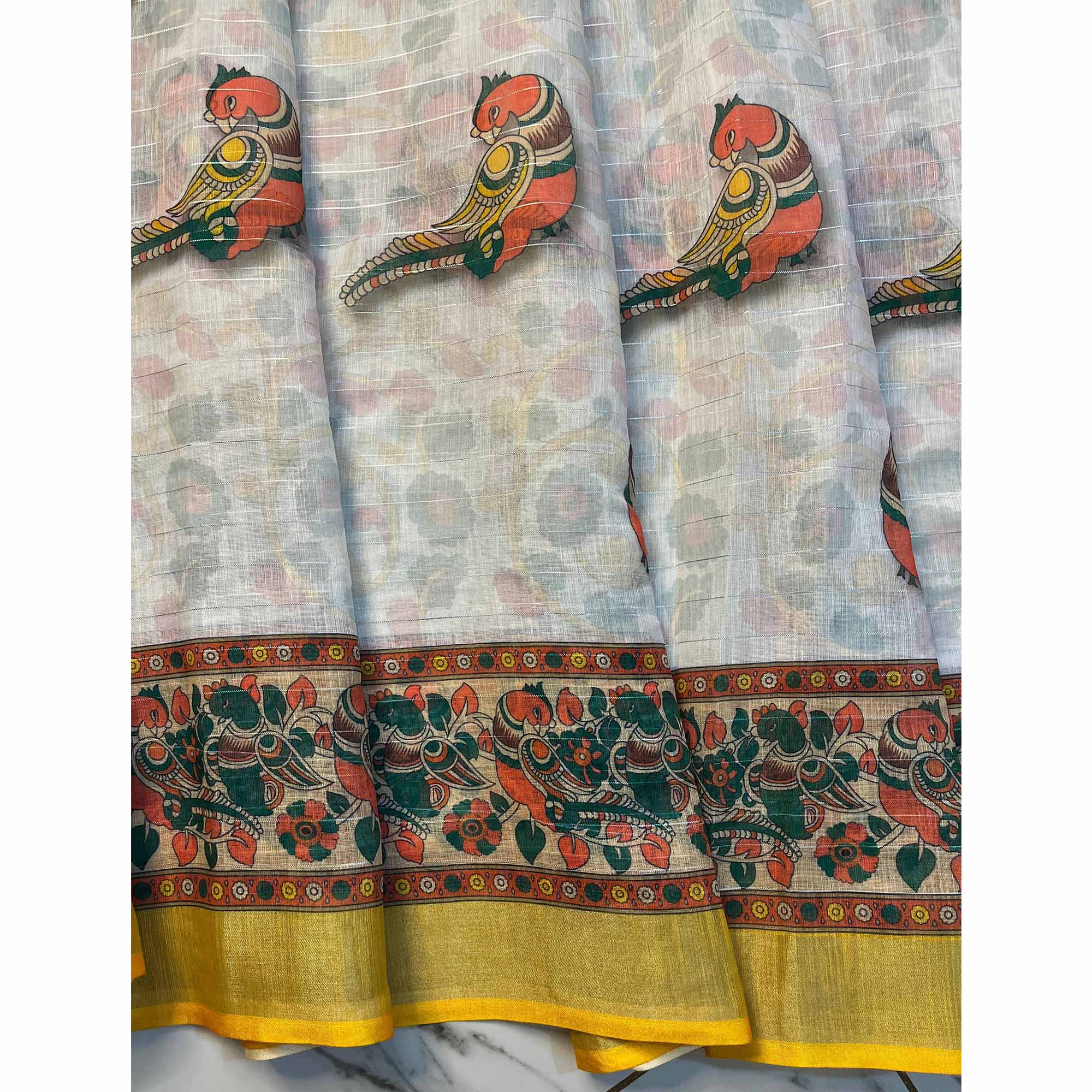 White & Yellow Digital Printed Linen Saree