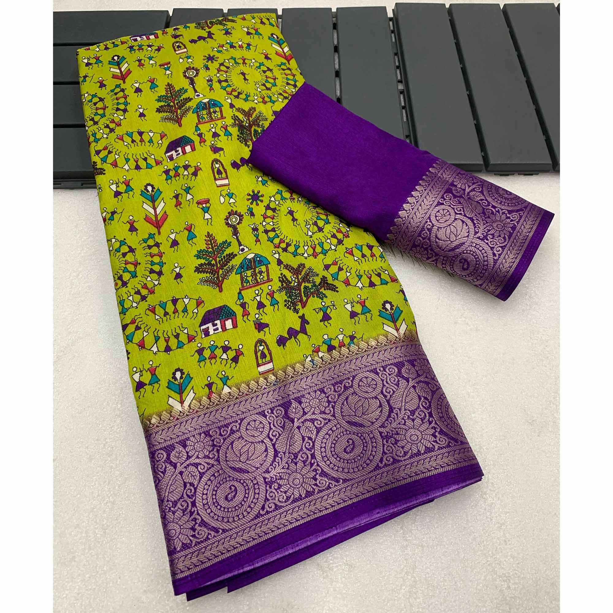 Green Warli Printed Dola Silk Saree With Zari Border