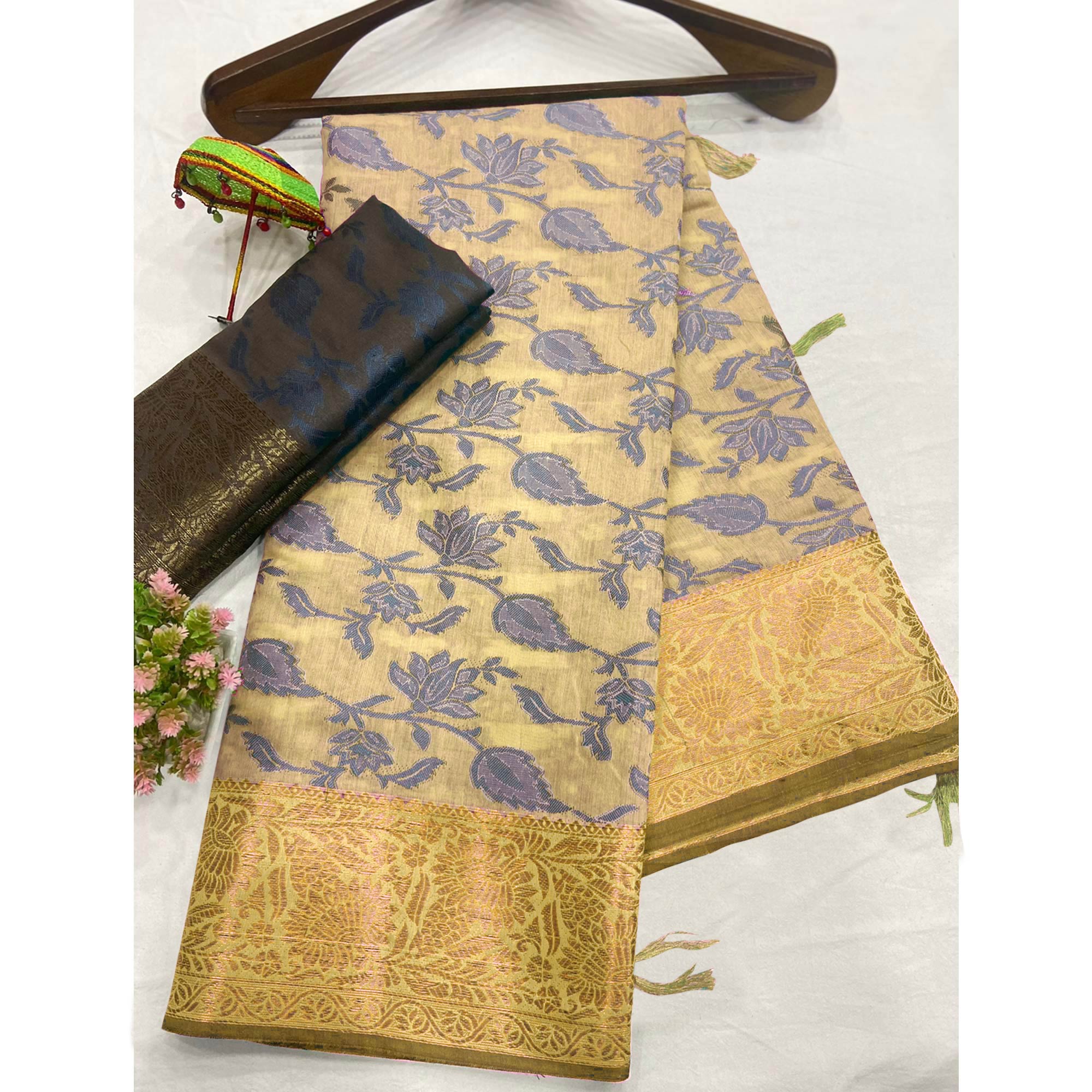 Cream Floral Woven Cotton Silk Saree With Tassels