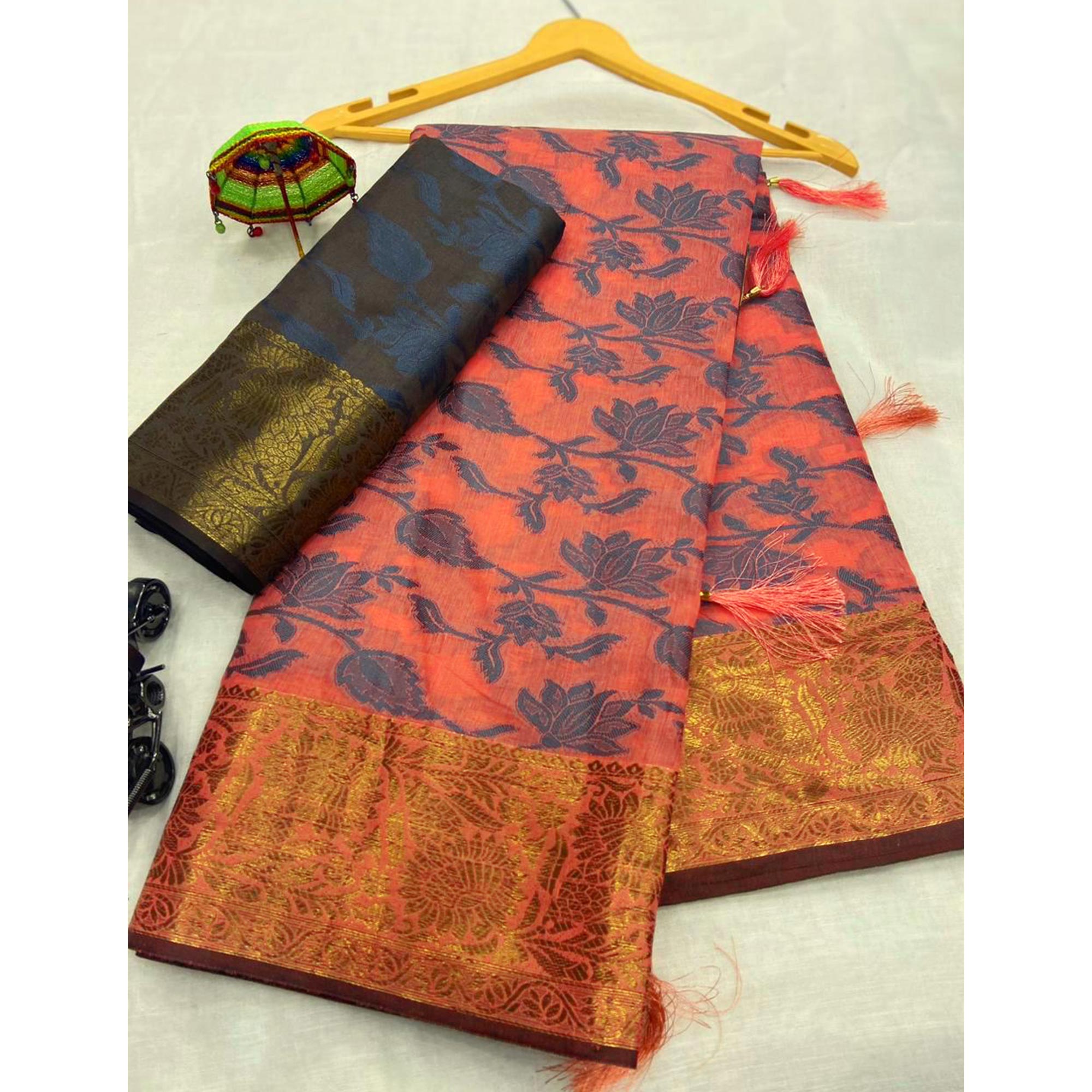 Peach Floral Woven Cotton Silk Saree With Tassels