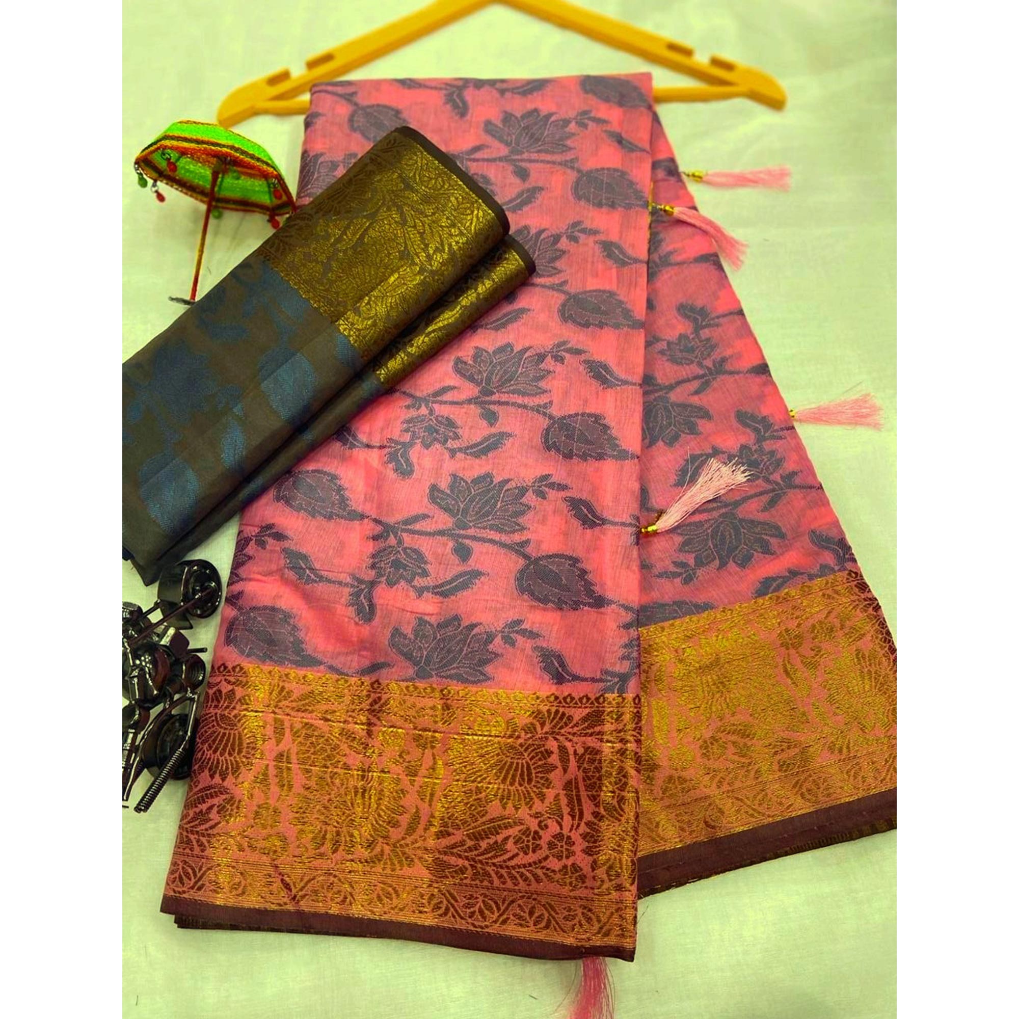 Pink Floral Woven Cotton Silk Saree With Tassels