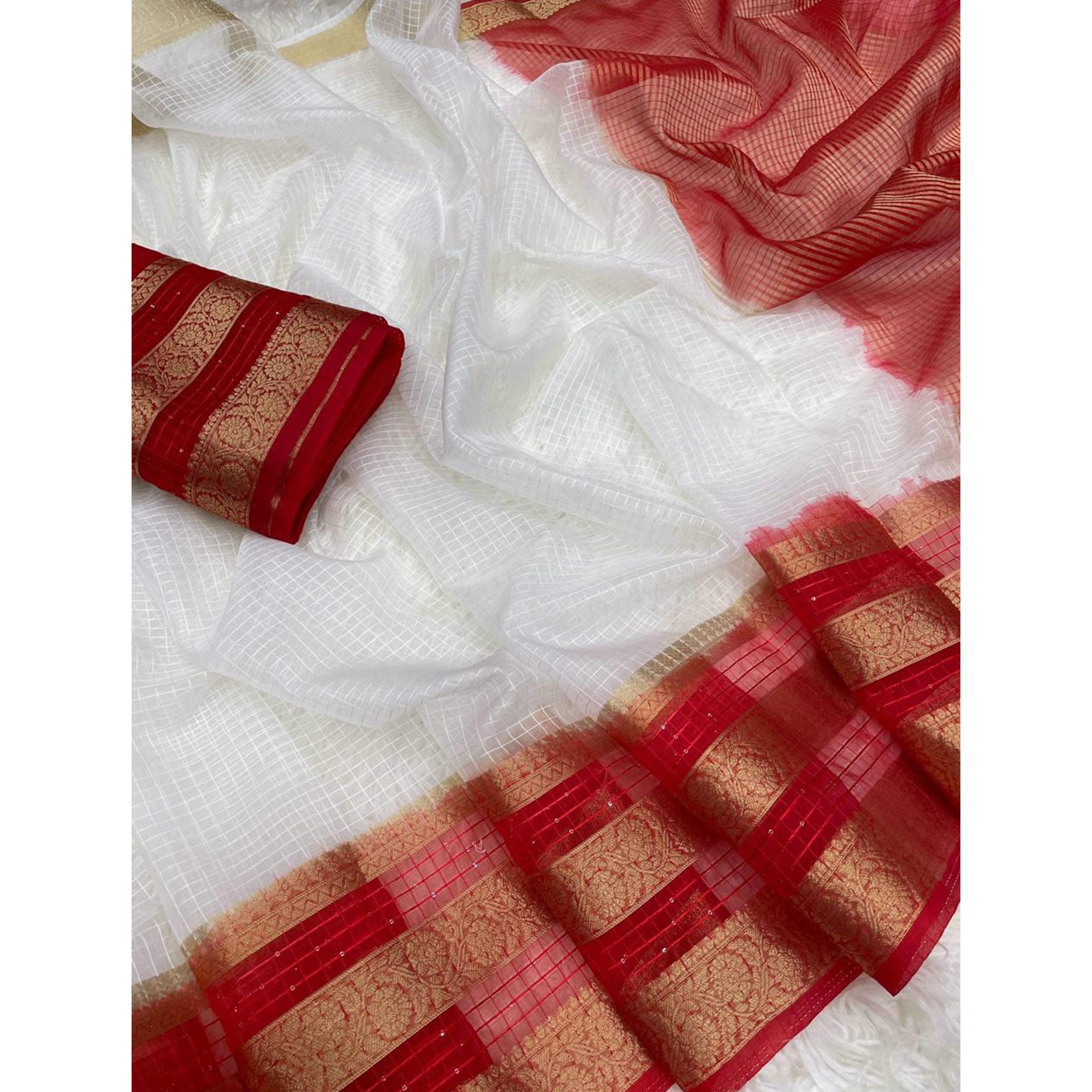 White & Red Kerala Checked Style Organza Saree