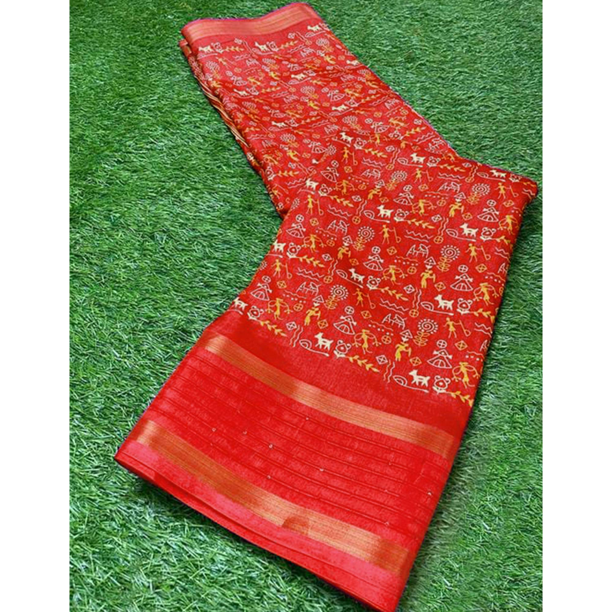 Red Warli Printed Georgette Saree
