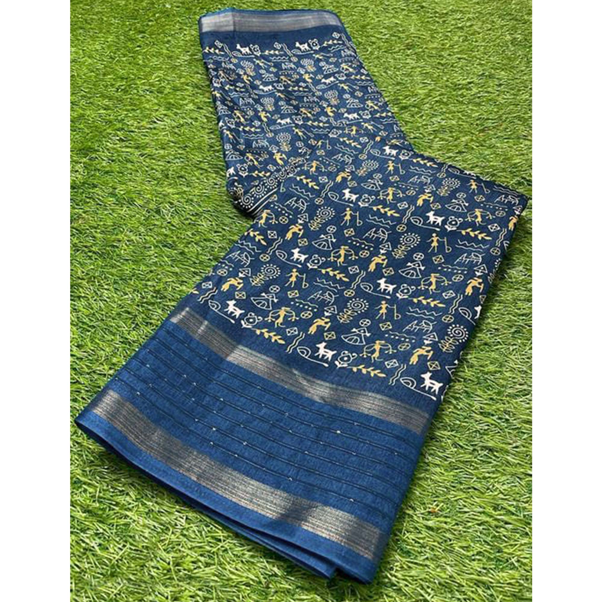 Teal Warli Printed Georgette Saree