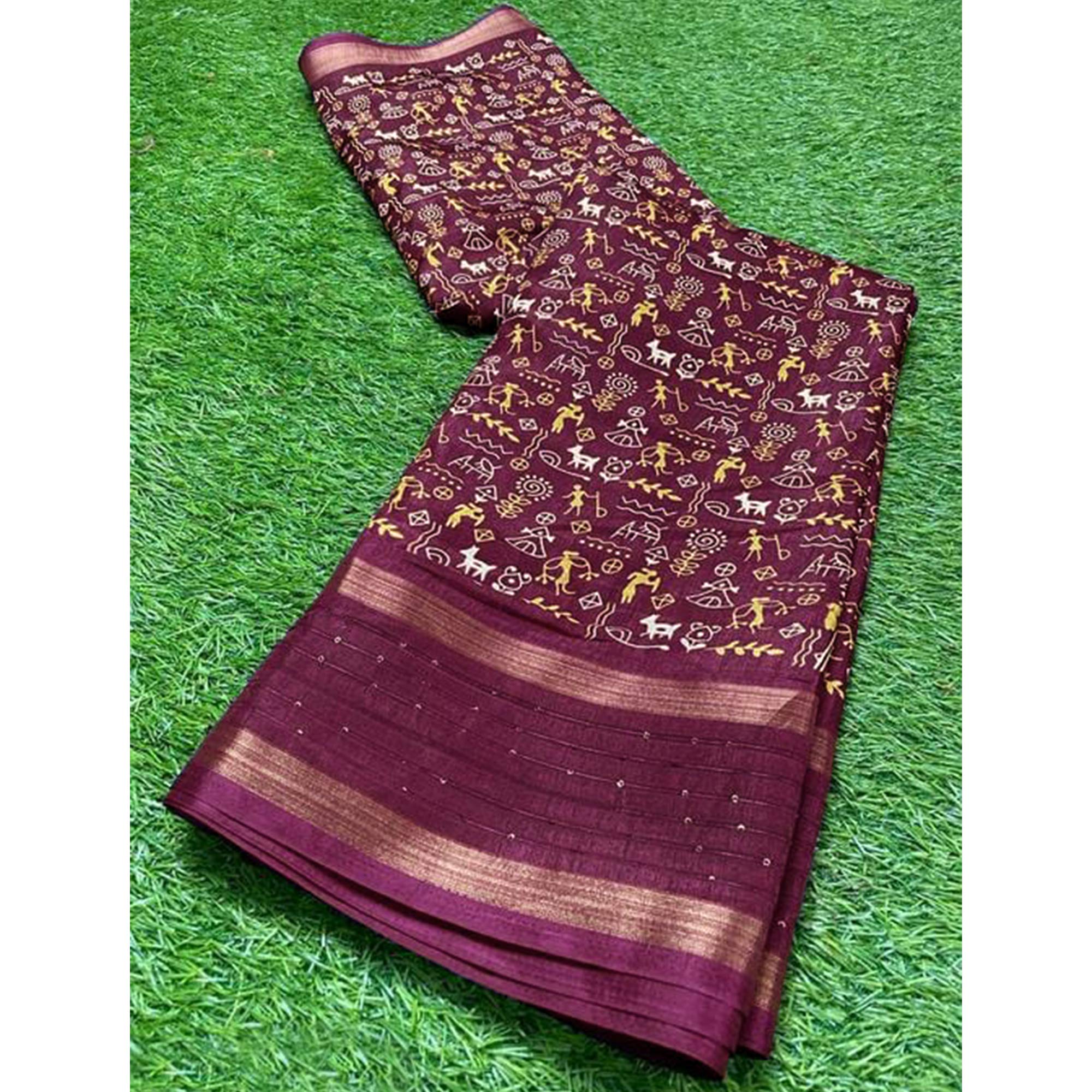 Wine Warli Printed Georgette Saree