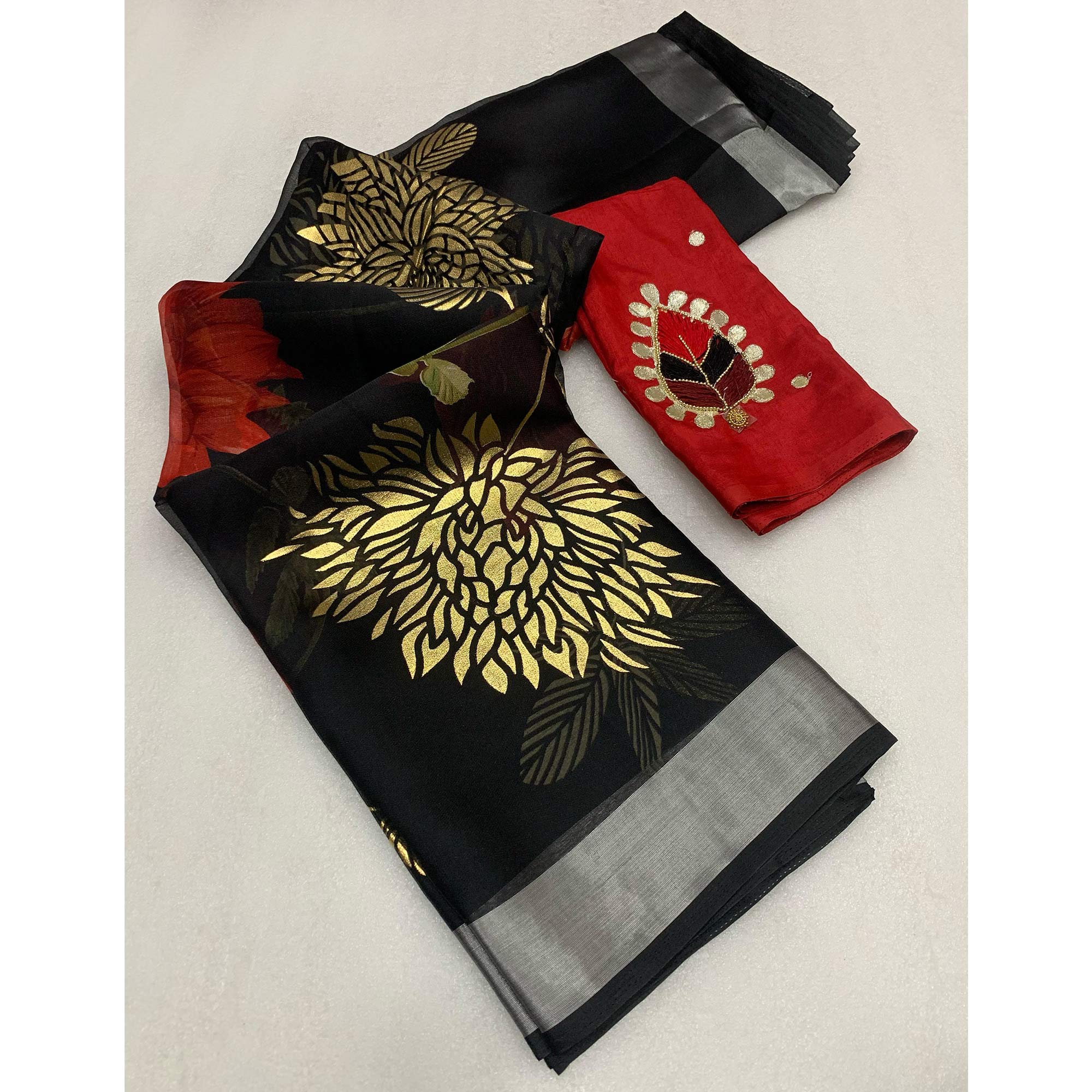 Black Floral Foil Printed Organza Saree