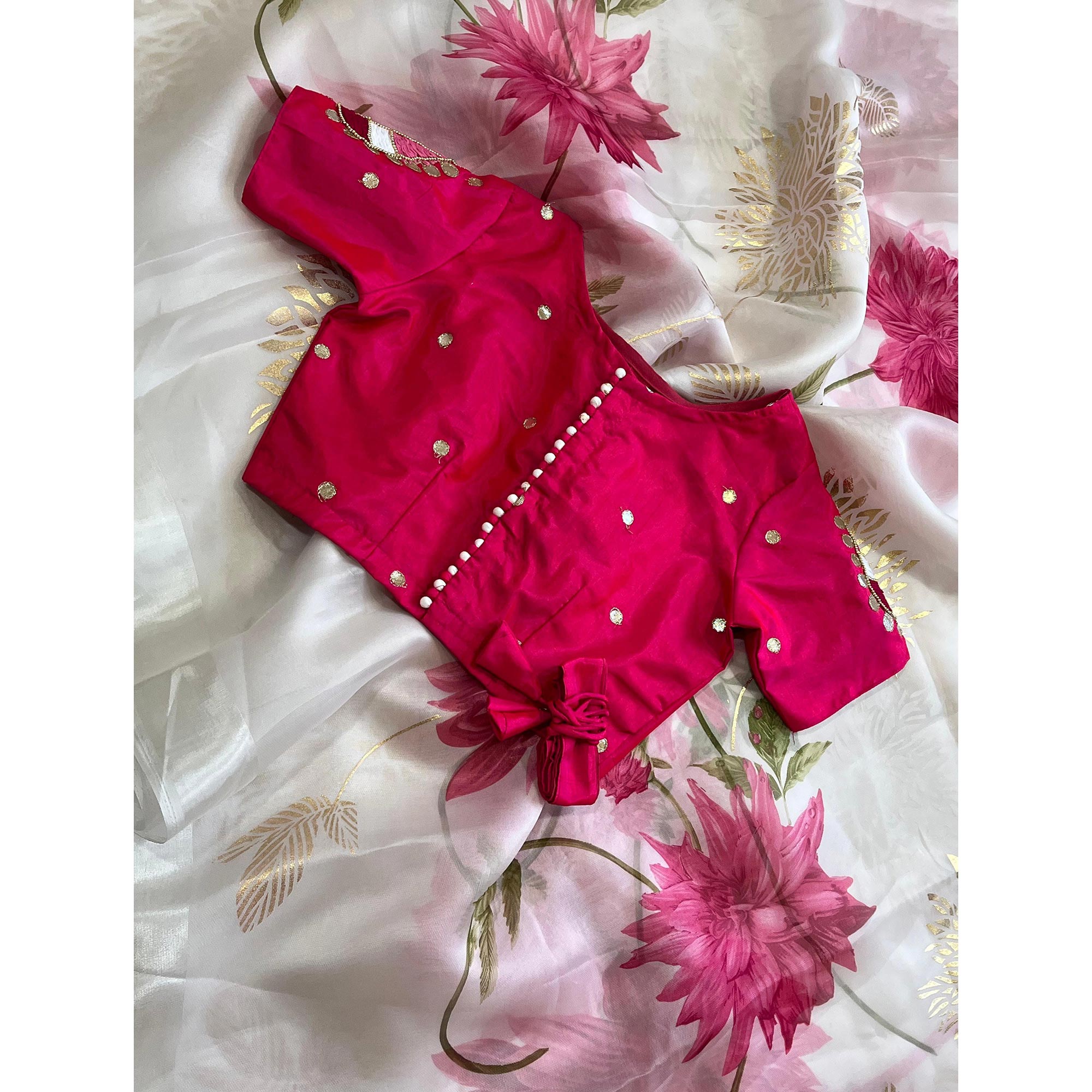 White Floral Foil Printed Organza Saree