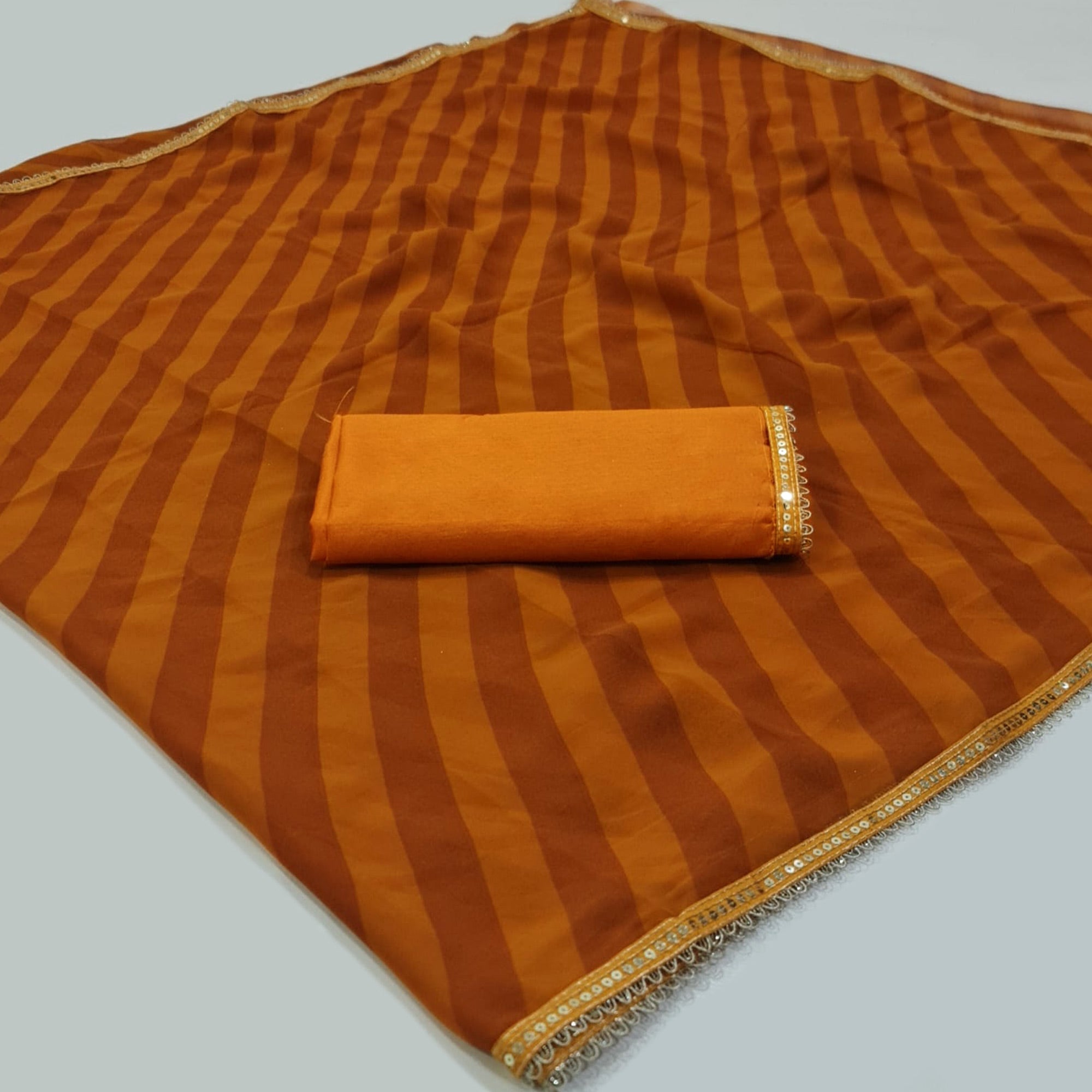 Mustard Printed Georgette Saree With Lace Border