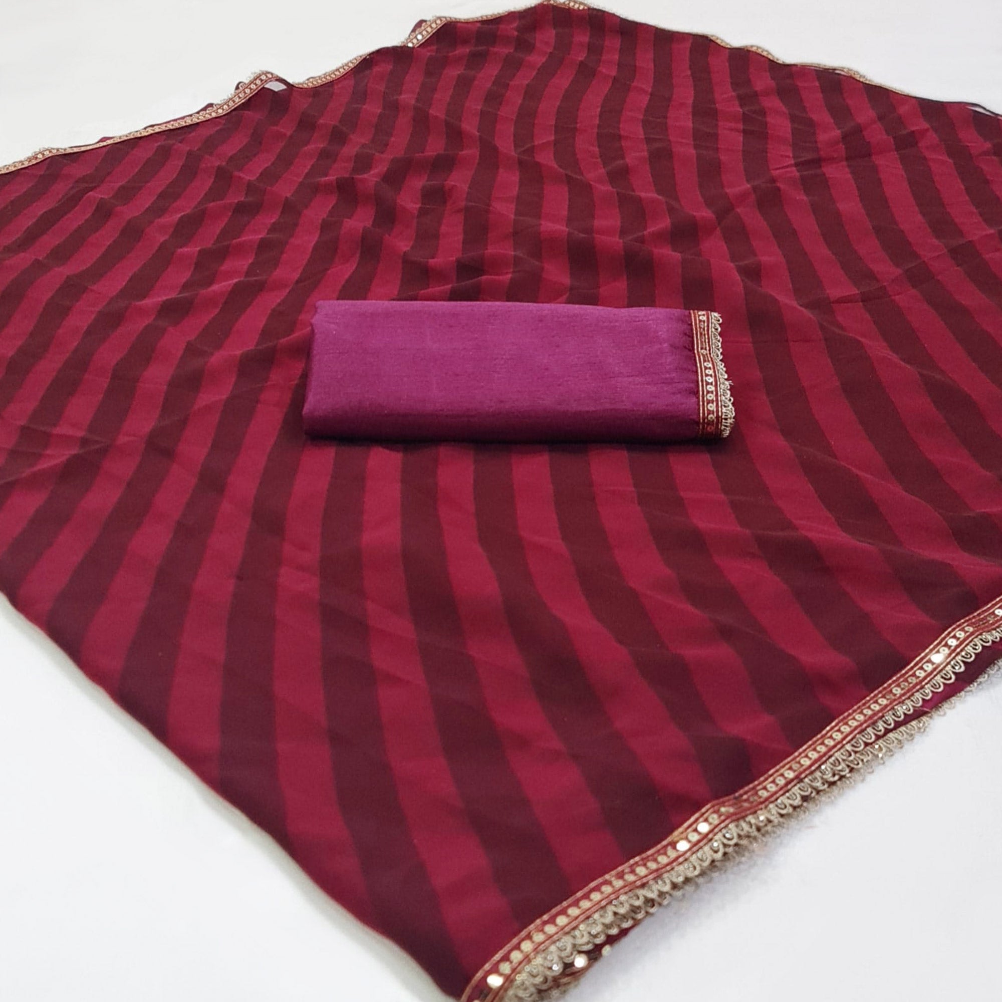 Pink Printed Georgette Saree With Lace Border
