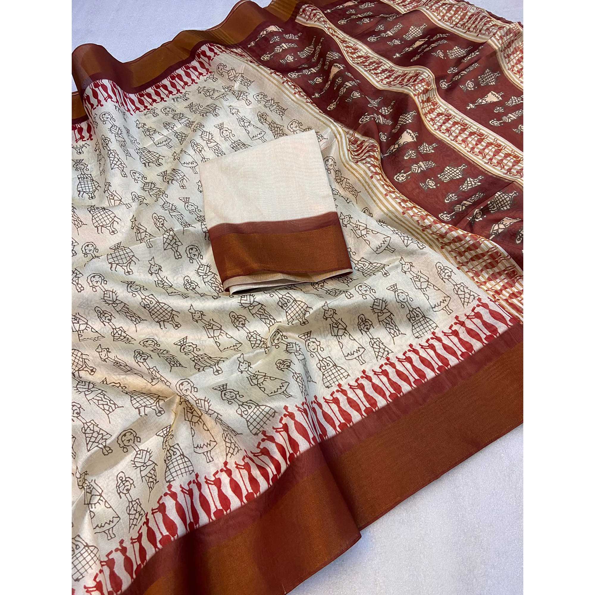 Off White Floral Printed Tussar Silk Saree