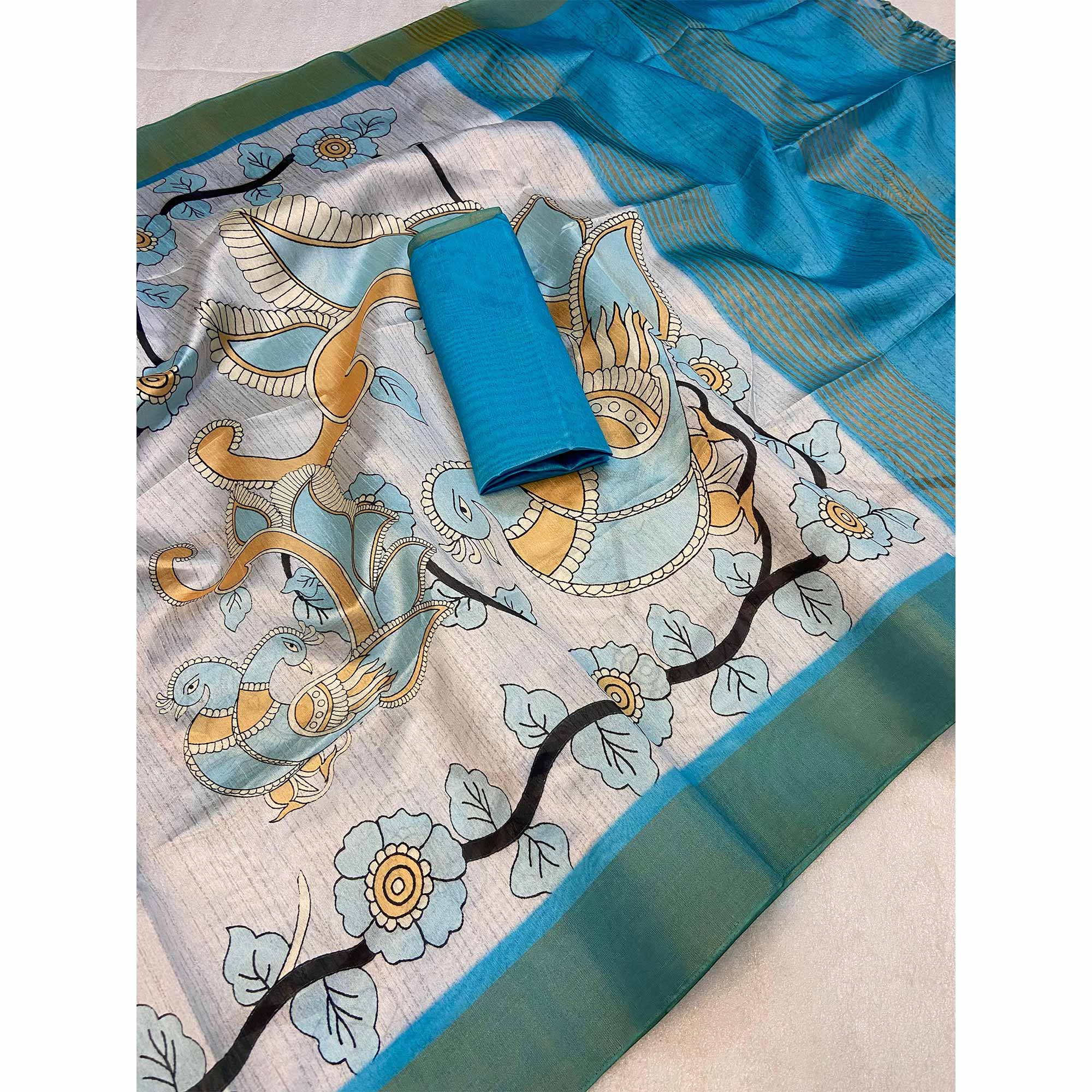Sky Blue Floral Printed Tussar Silk Saree