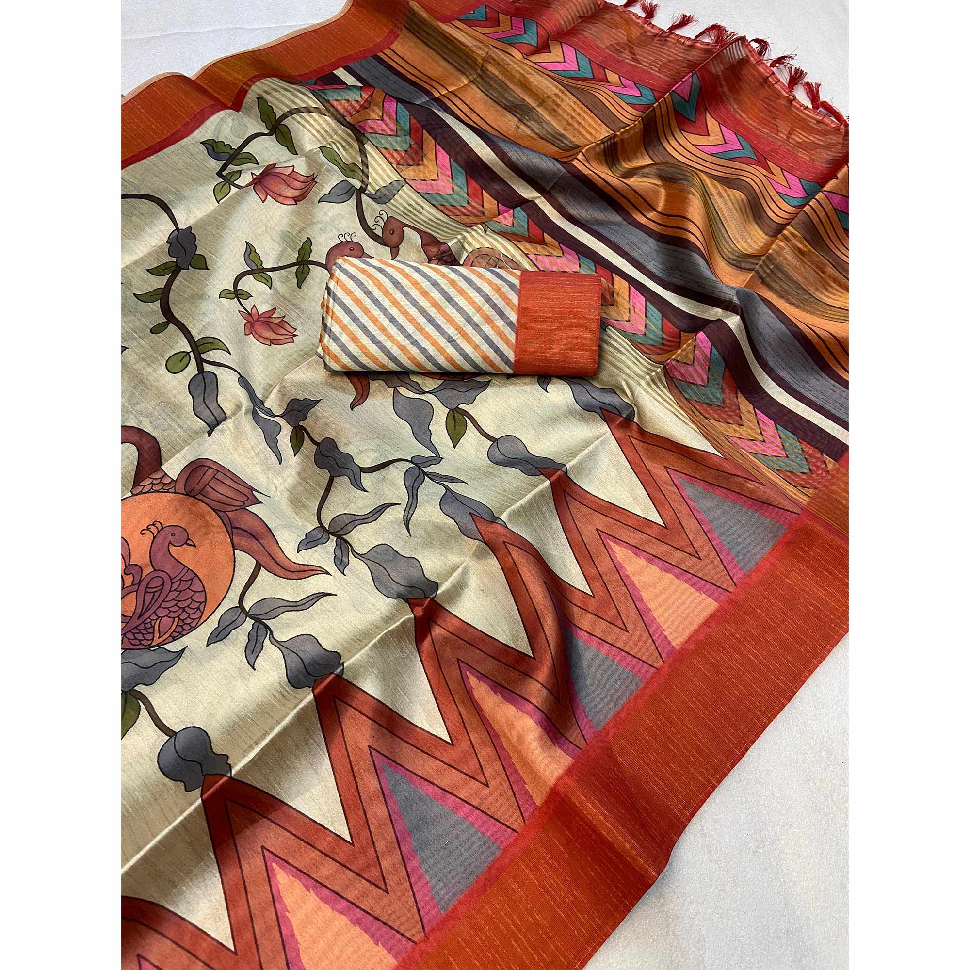 Beige Floral Printed Tussar Silk Saree