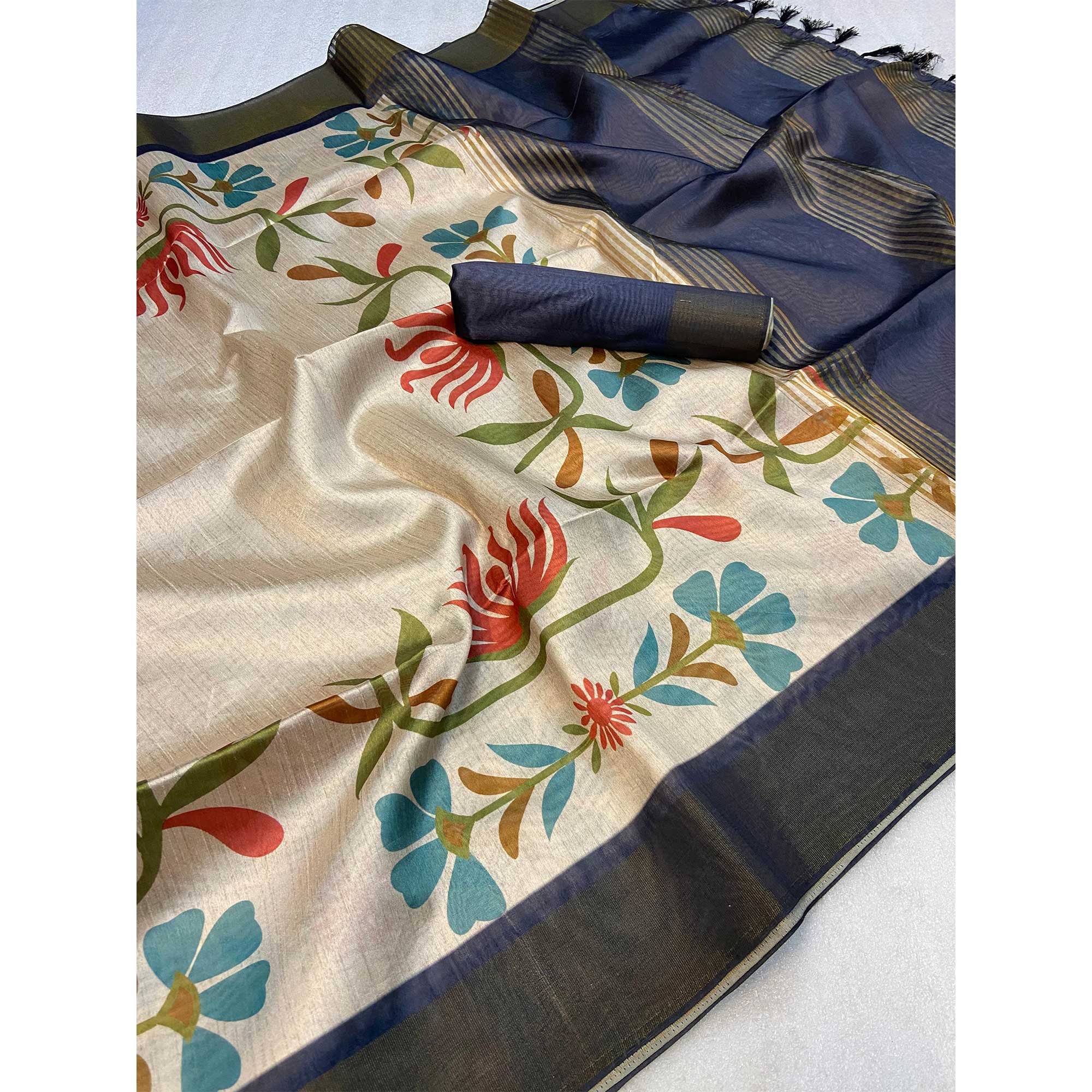 Off White Floral Printed Tussar Silk Saree