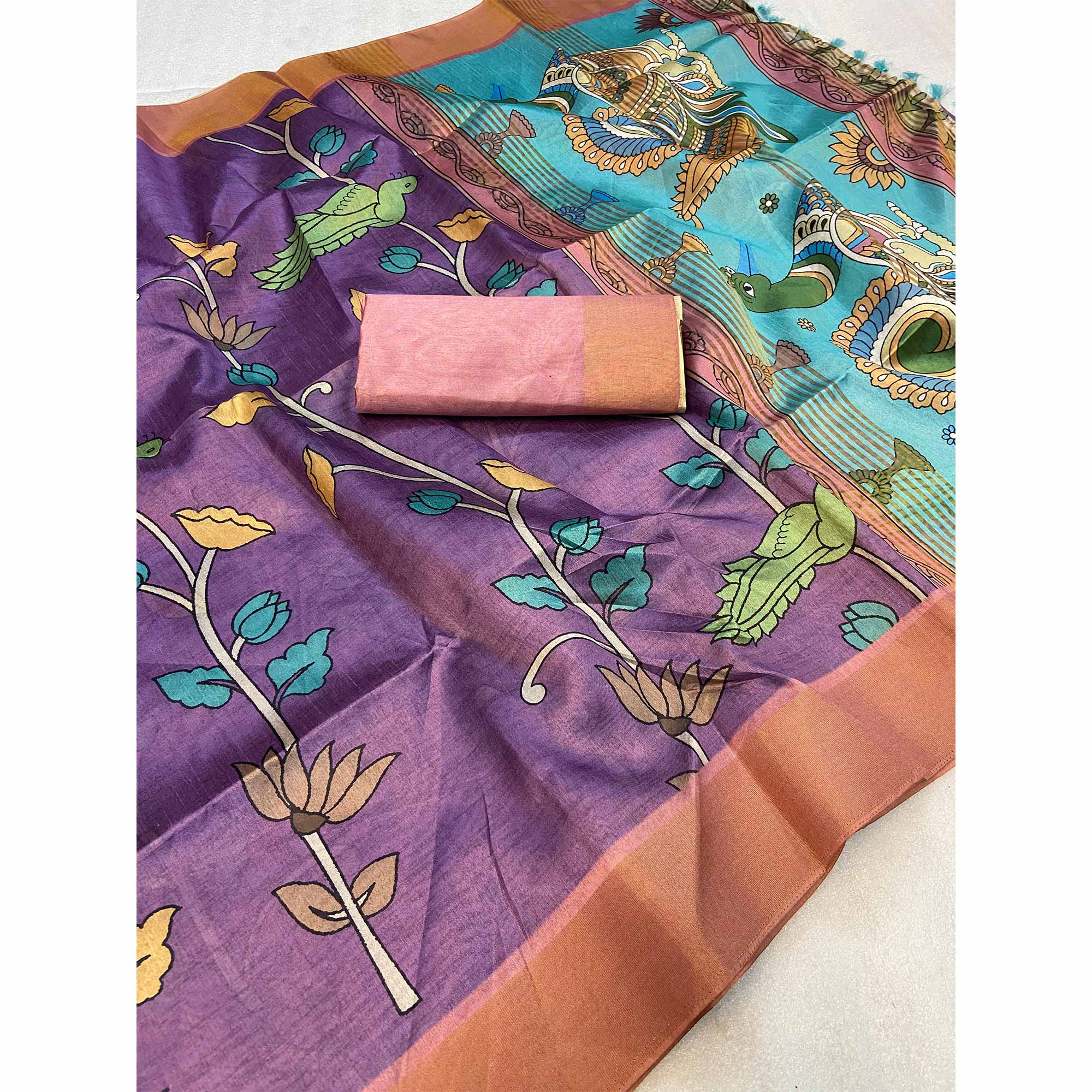 Purple Floral Printed Tussar Silk Saree