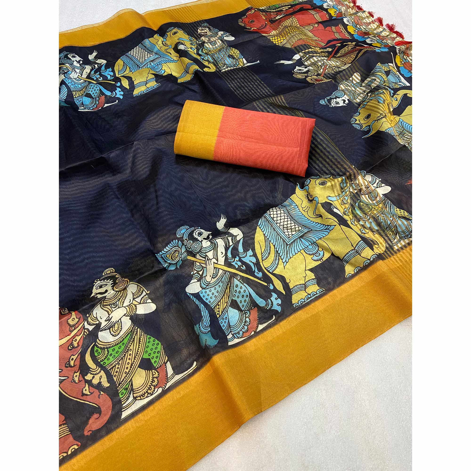 Black Floral Printed Tussar Silk Saree