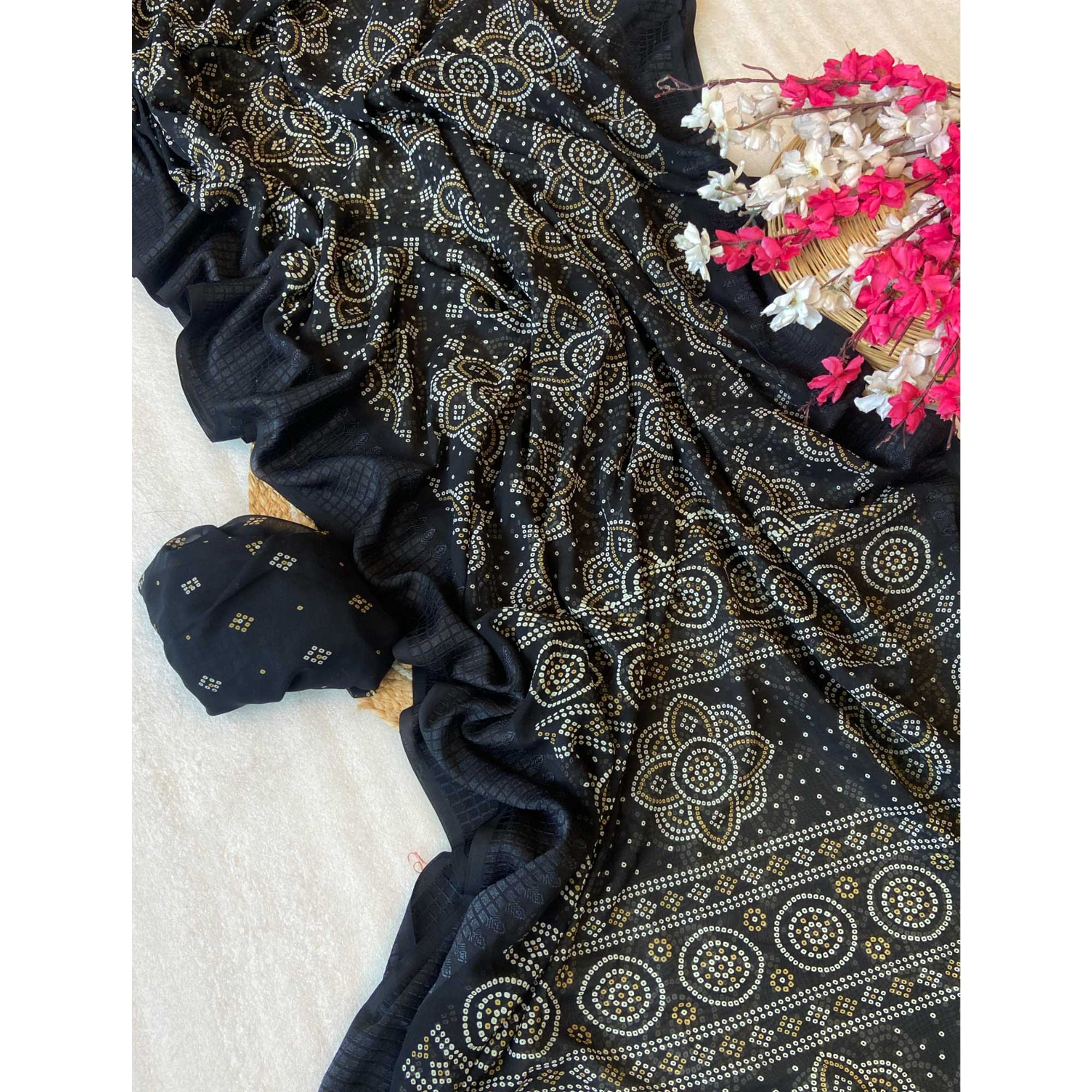 Black Bandhani Printed Georgette Saree With Viscose Border
