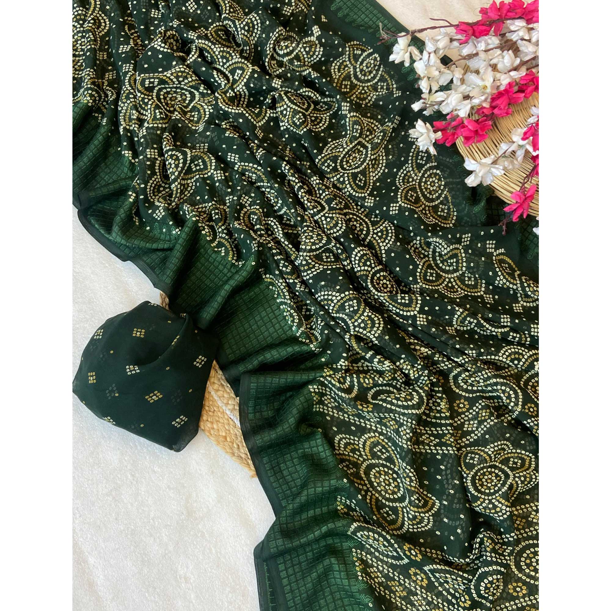 Green Bandhani Printed Georgette Saree With Viscose Border