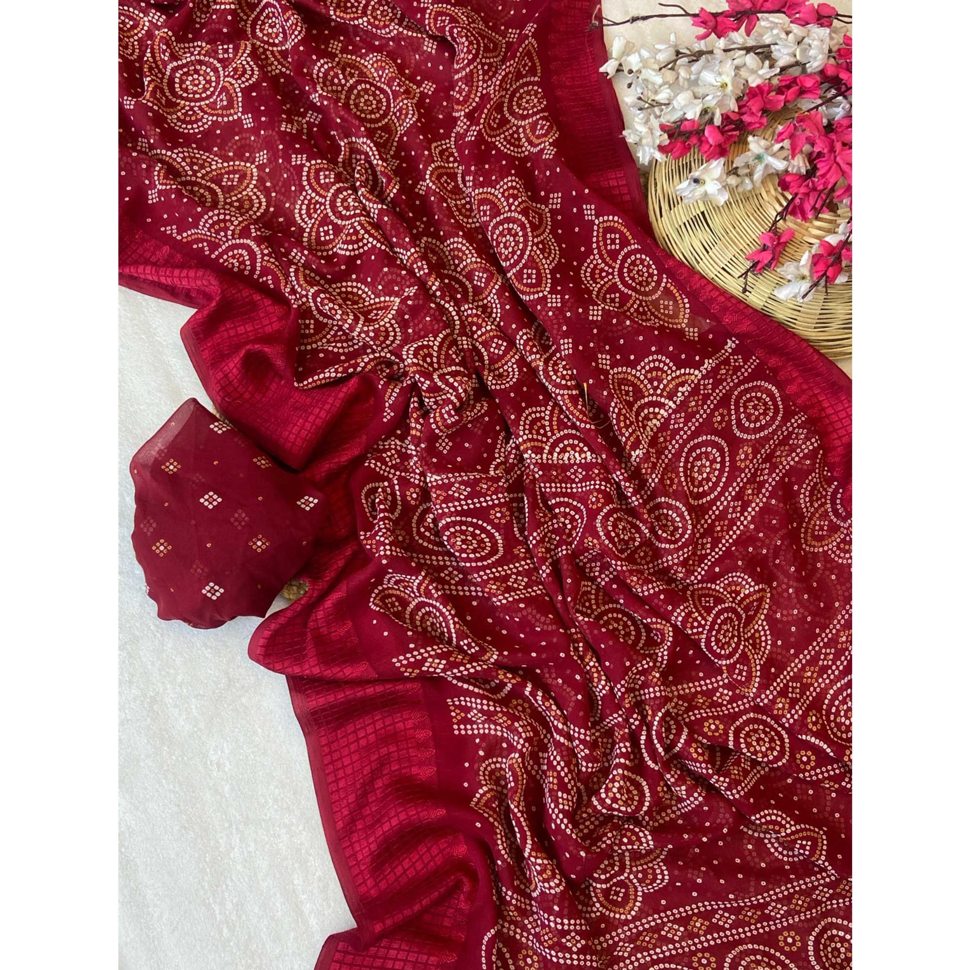 Maroon Bandhani Printed Georgette Saree With Viscose Border