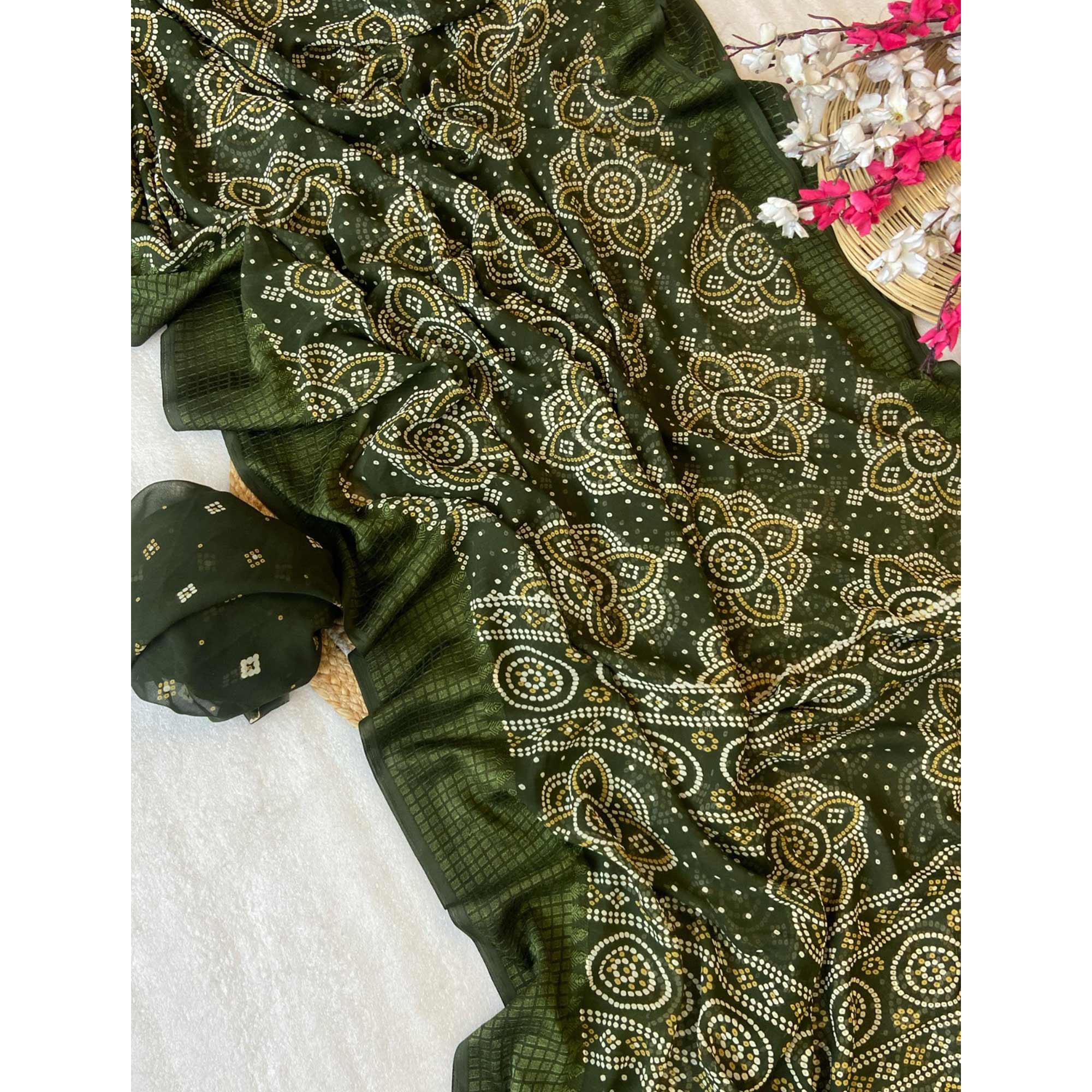 Mehendi Green Bandhani Printed Georgette Saree With Viscose Border