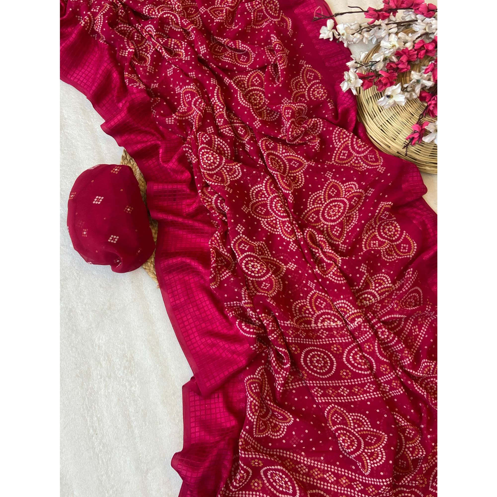 Pink Bandhani Printed Georgette Saree With Viscose Border