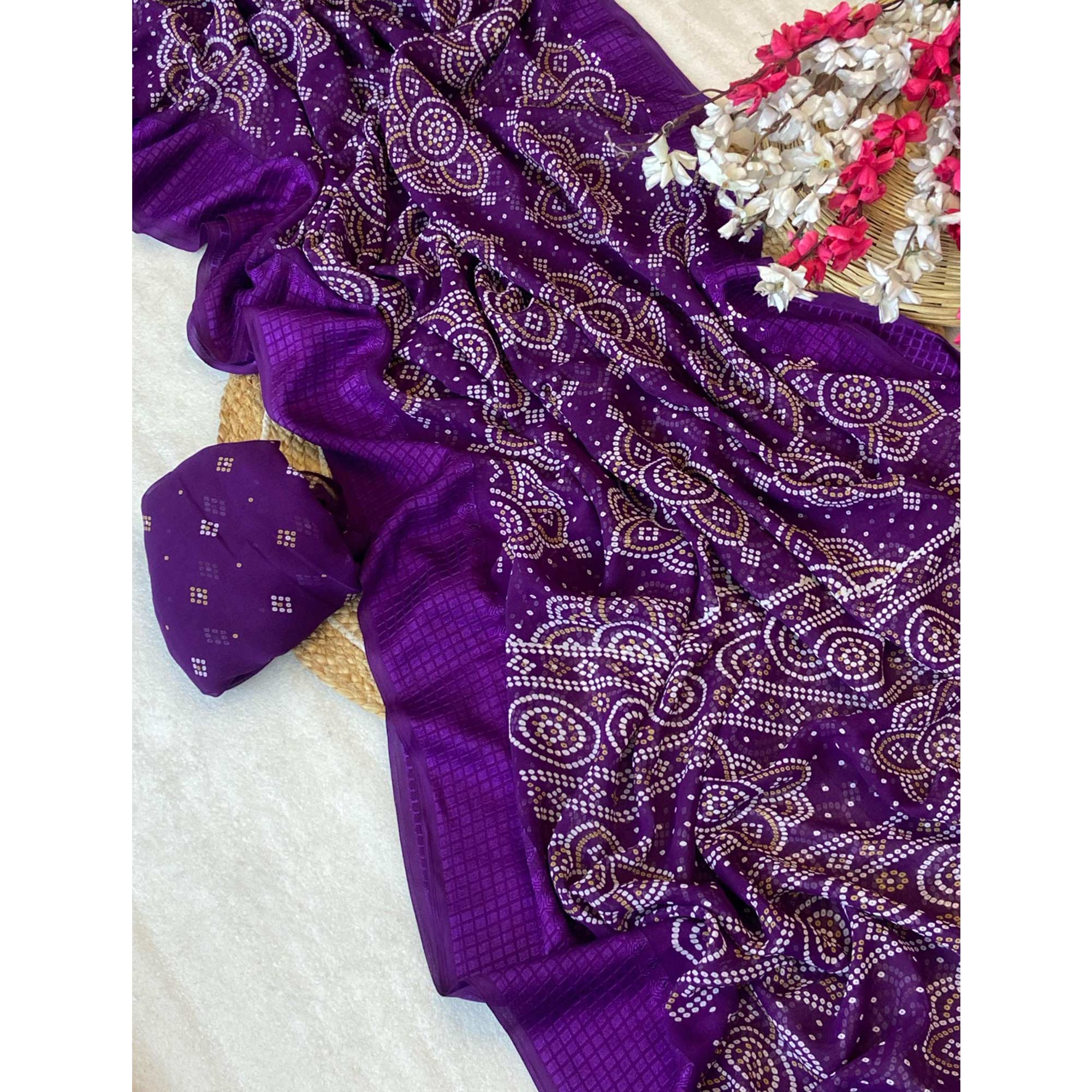 Purple Bandhani Printed Georgette Saree With Viscose Border