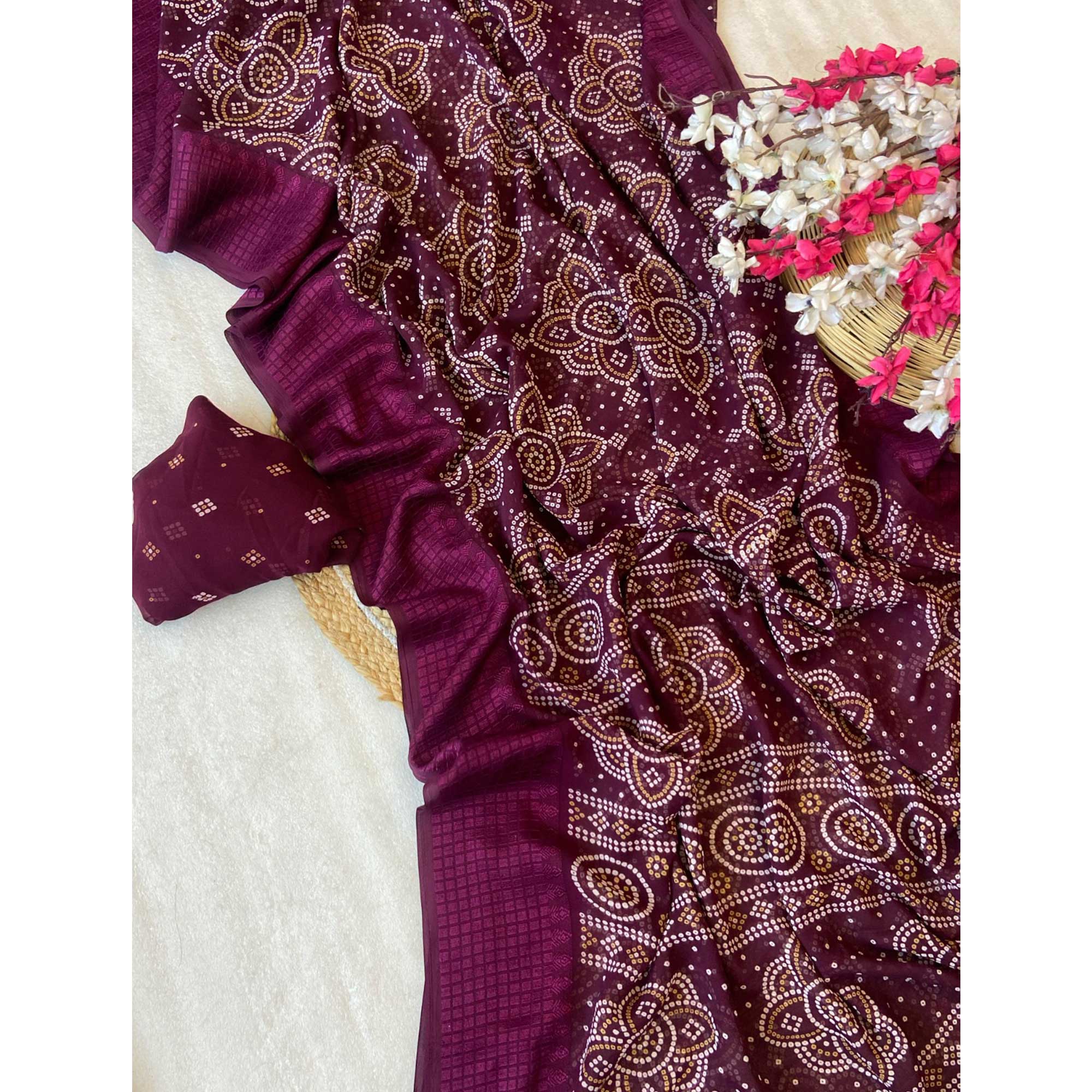 Wine Bandhani Printed Georgette Saree With Viscose Border