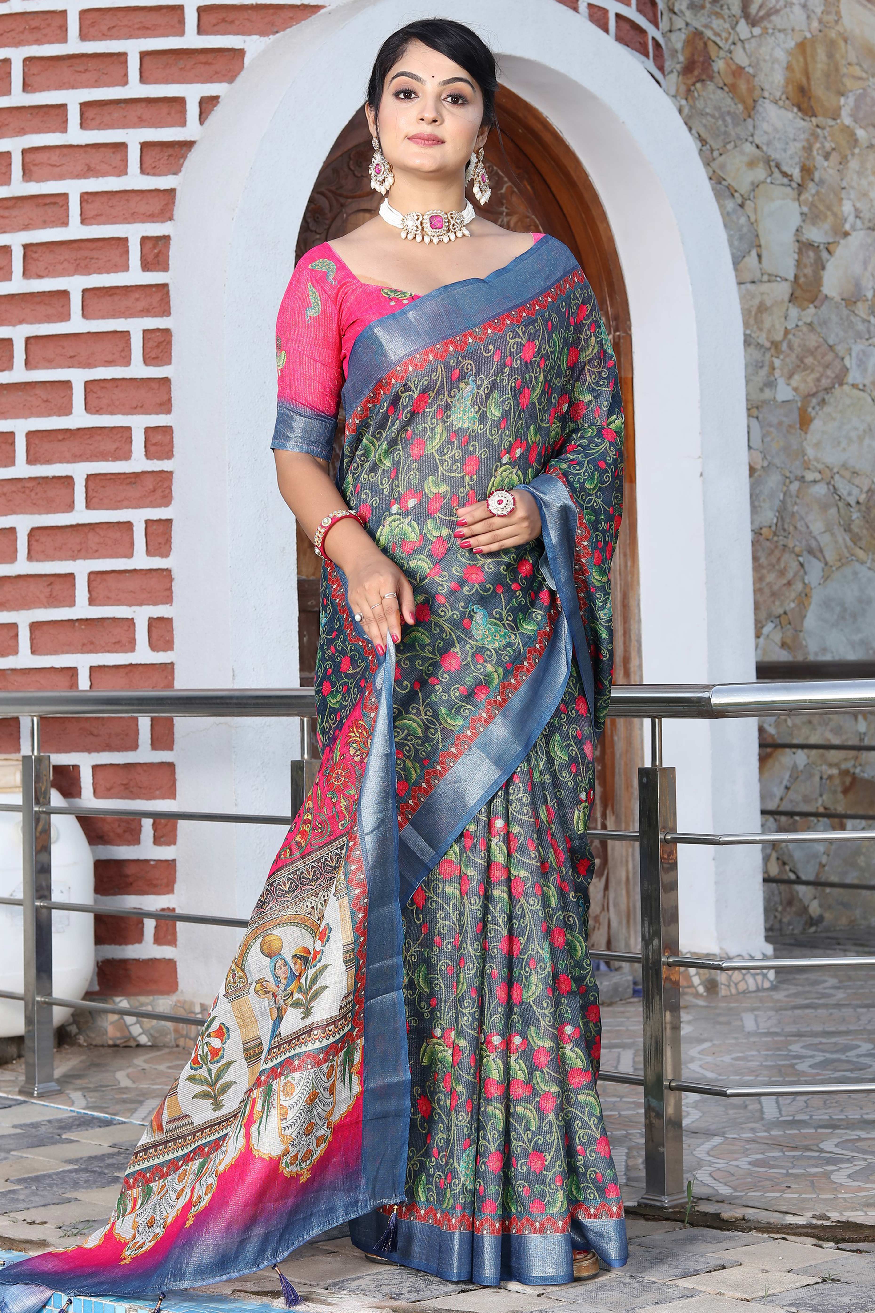 Beautiful Blue Tissue Handloom Saree with Digital Floral Embellishments