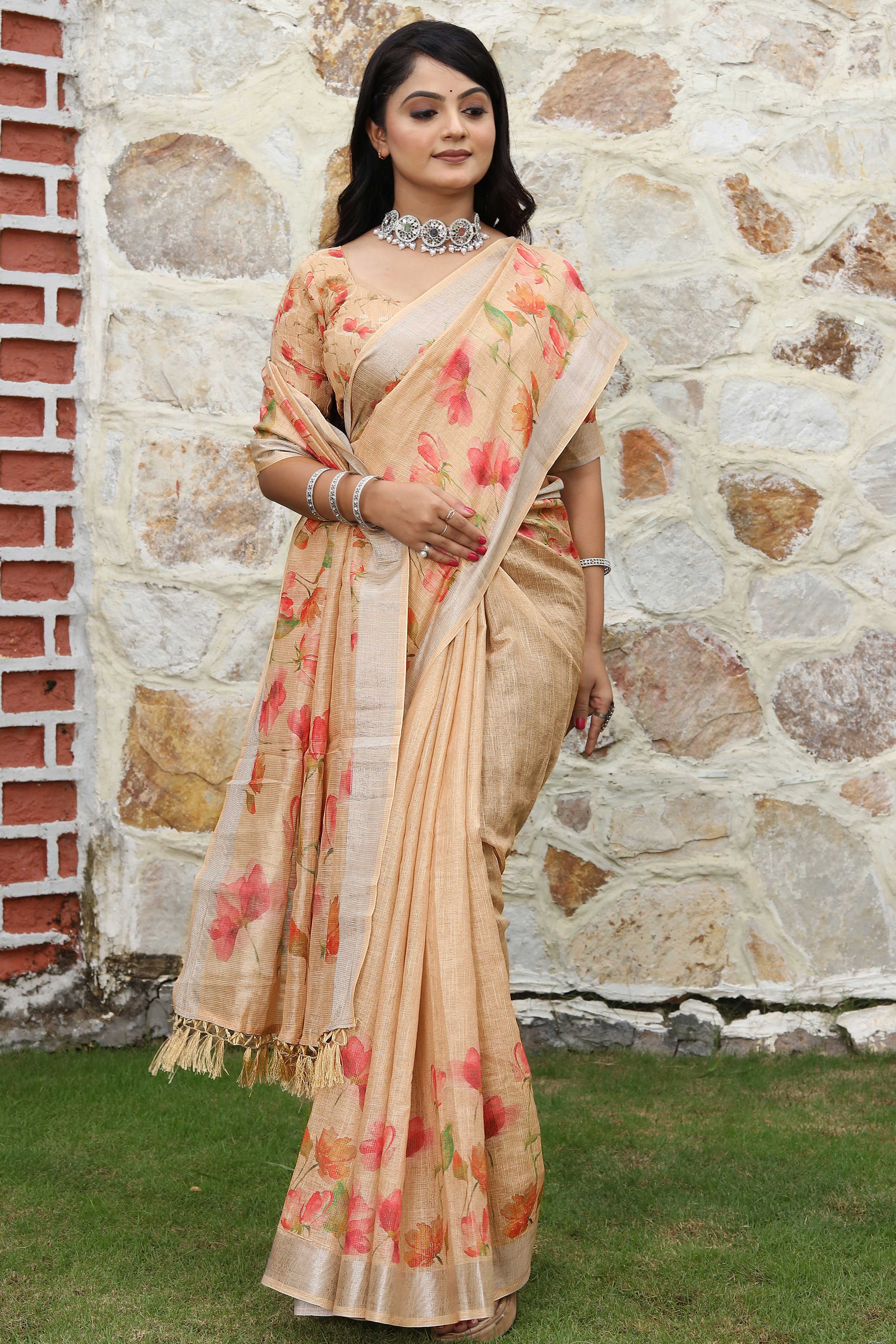 Beautiful Light Peach Tissue Handloom Saree with Digital Floral Embellishments