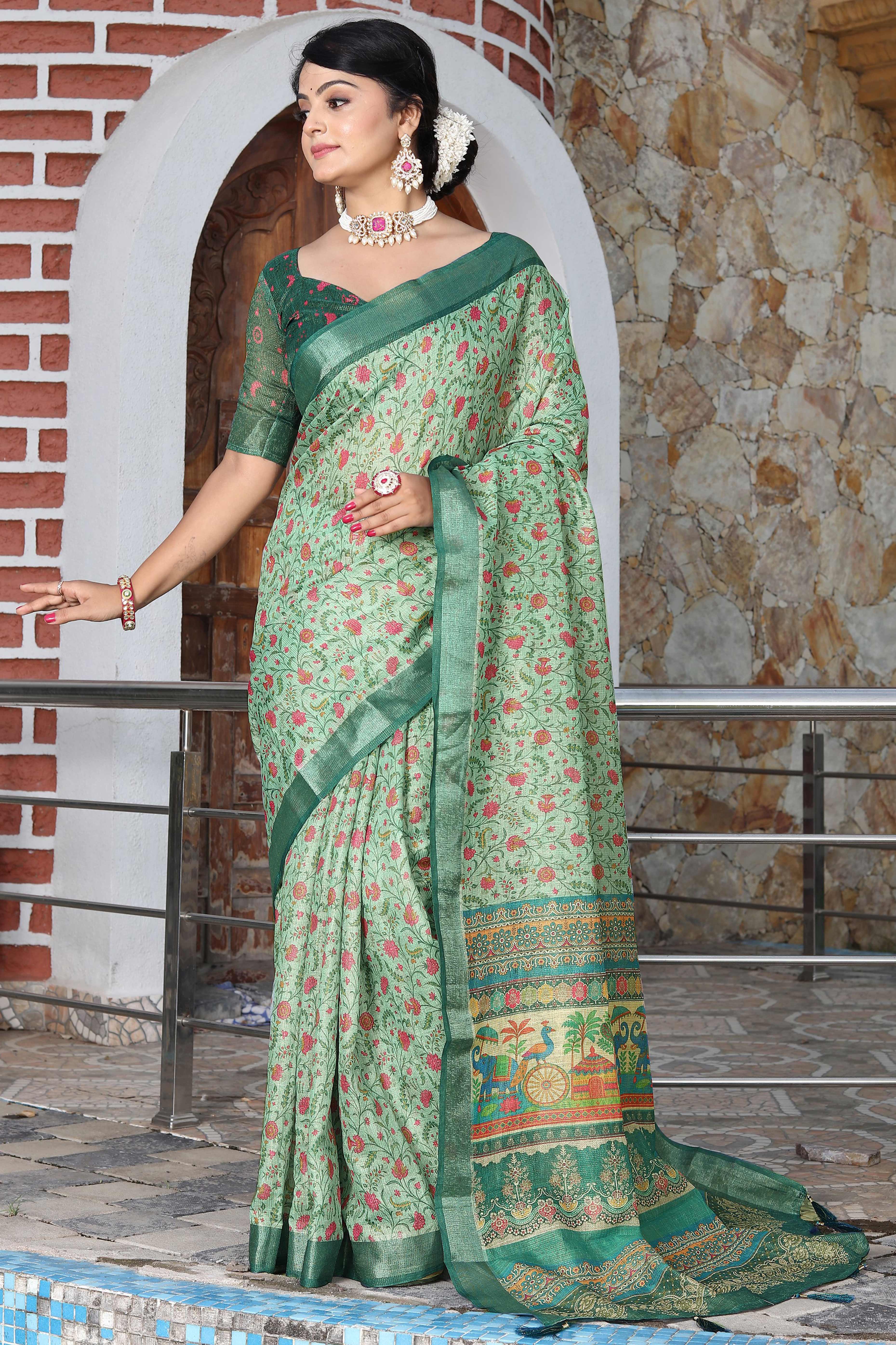 Beautiful Mint Green Tissue Handloom Saree with Digital Floral Embellishments