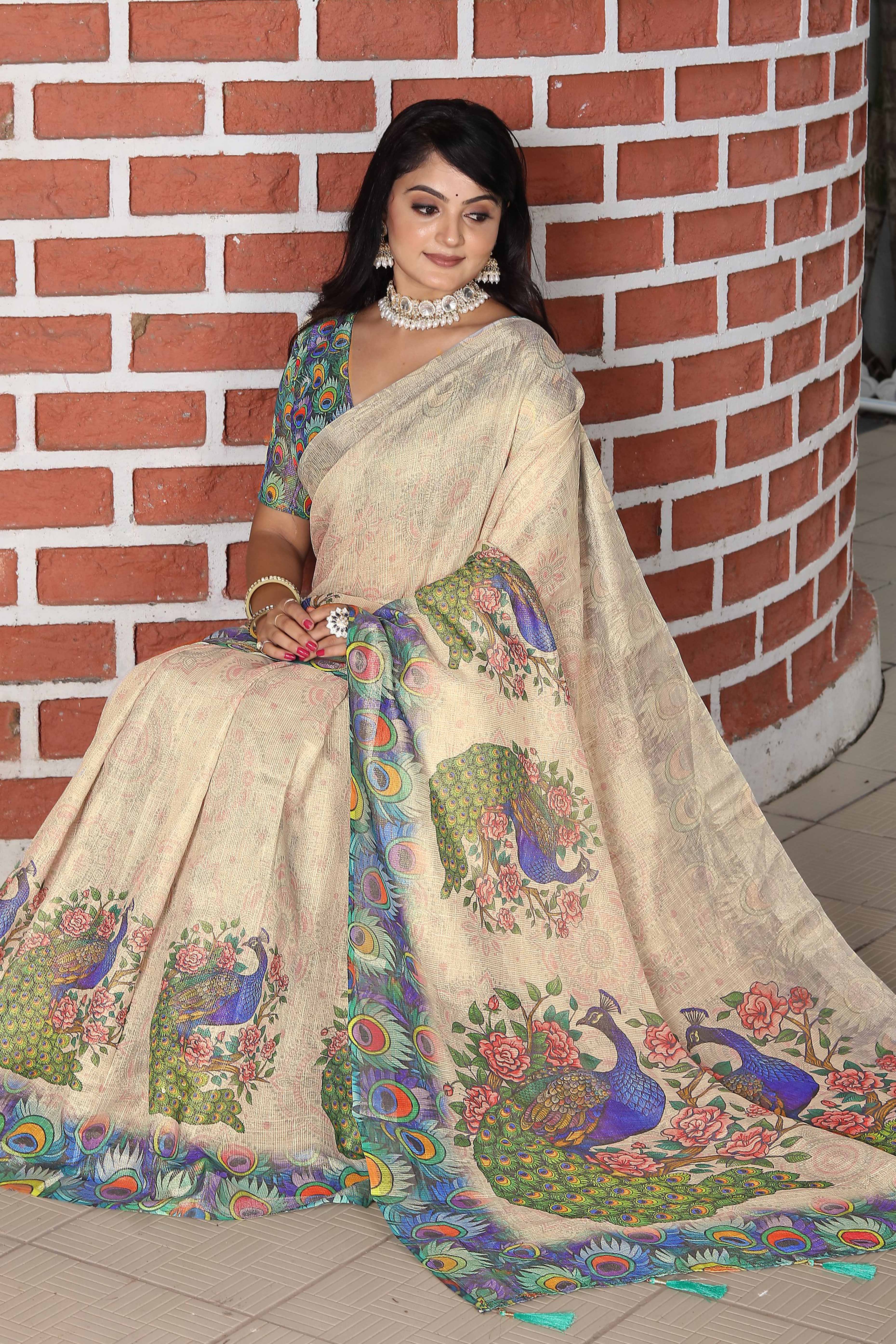 Beautiful Beige Tissue Handloom Saree with Detailed Floral Embellishments