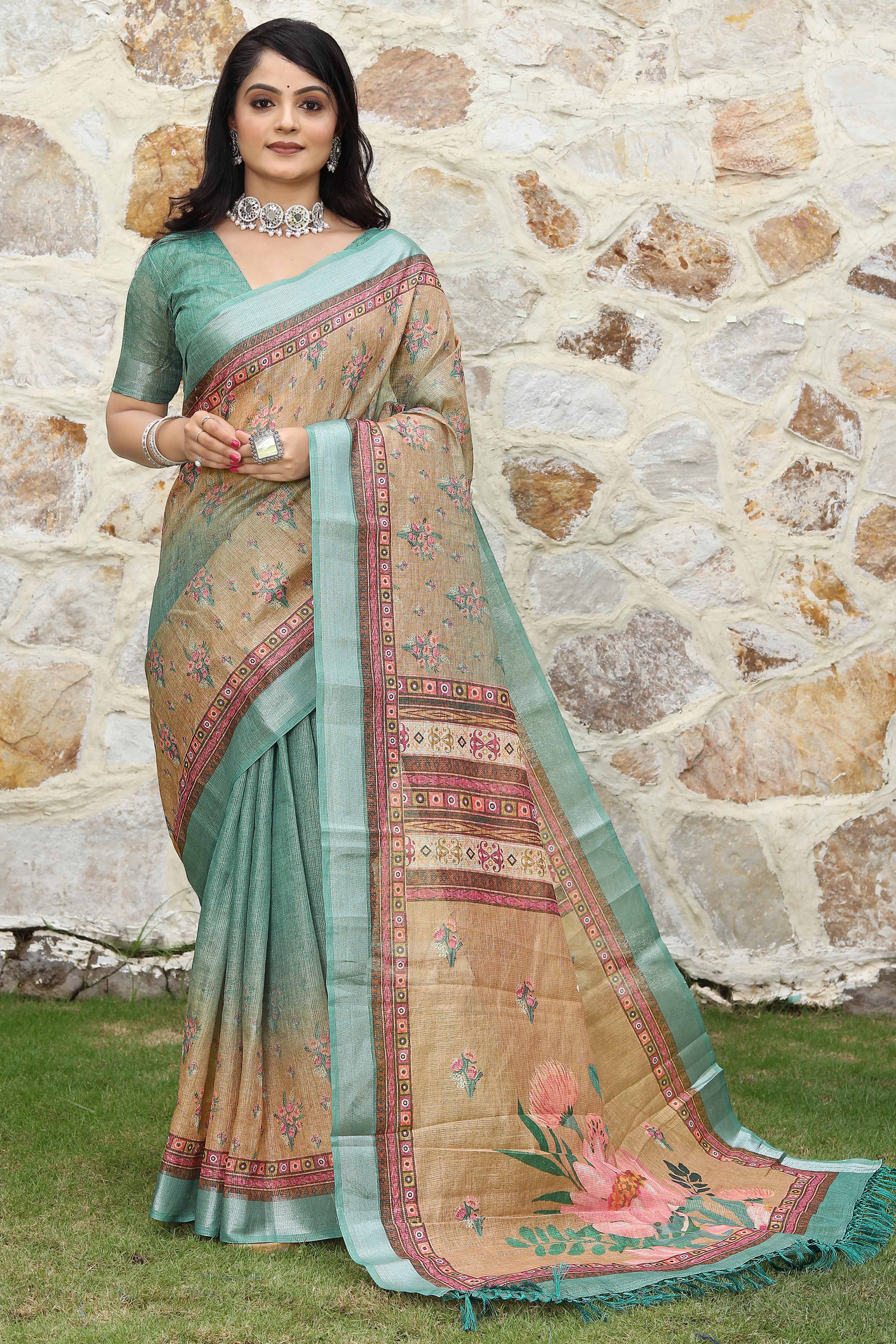 Beautiful Beige & Mint Green Tissue Handloom Saree with Detailed Digital Floral Embellishments