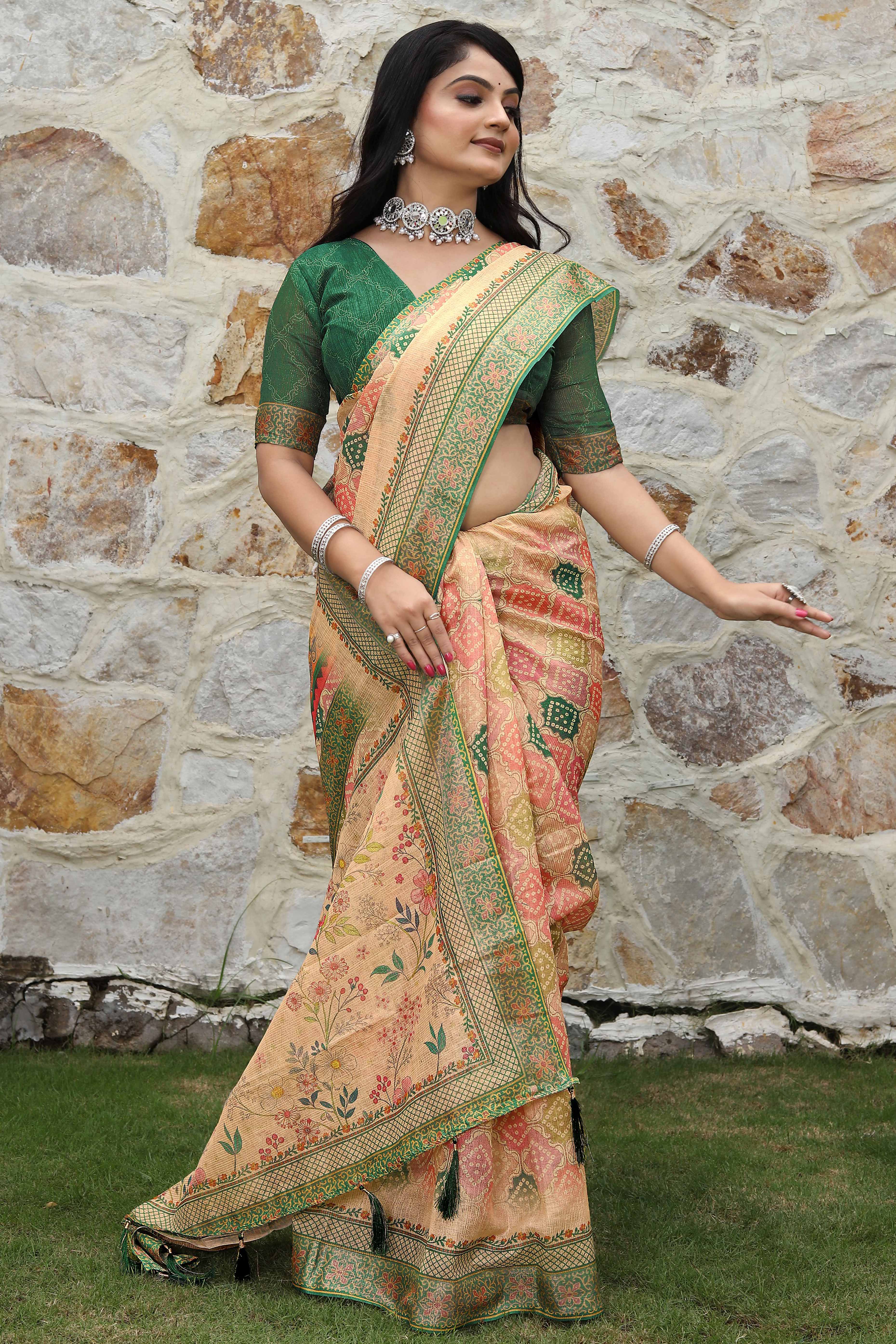 Beautiful Beige Tissue Handloom Saree with Detailed Digital Floral Embellishments