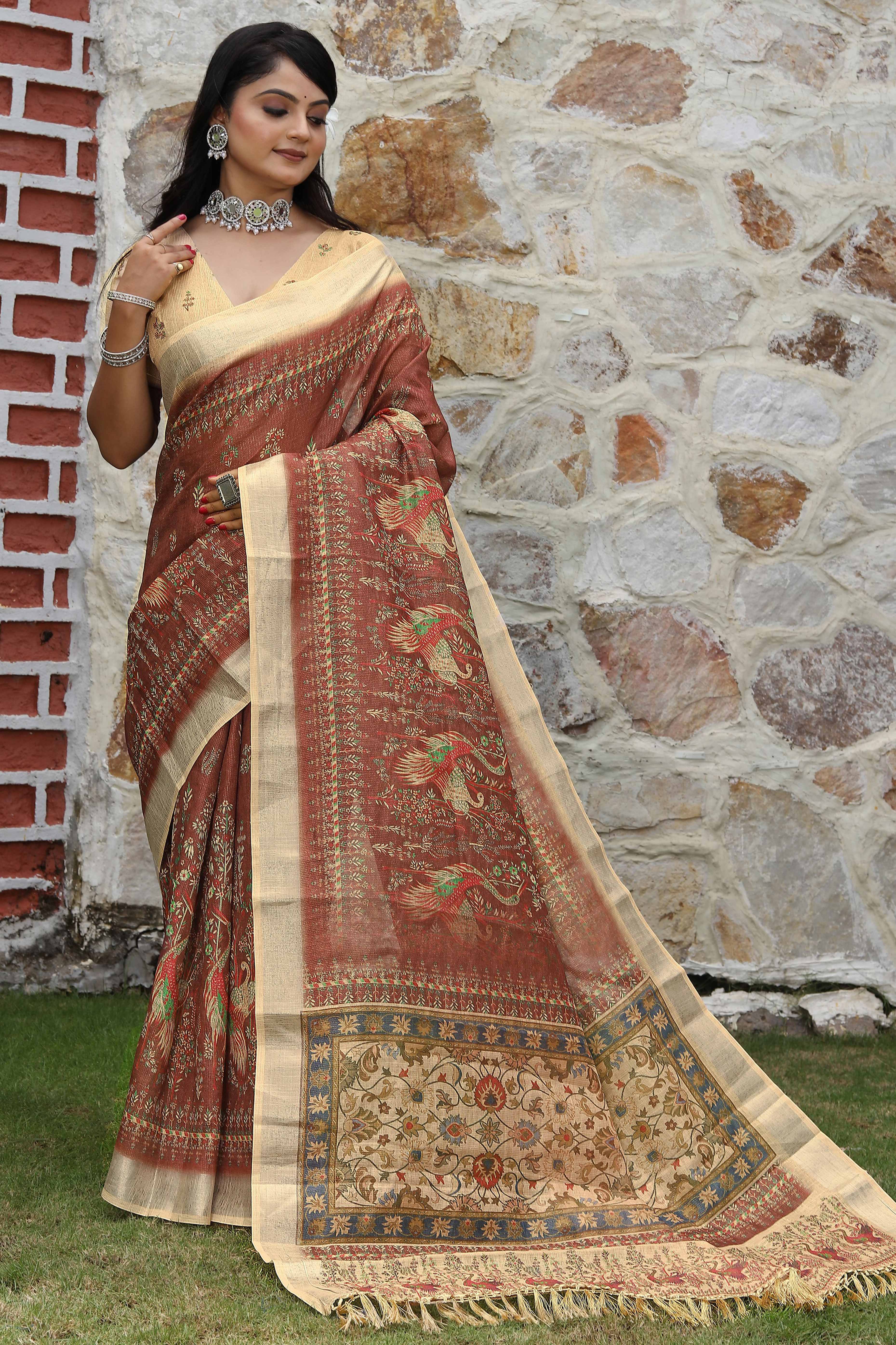 Beautiful Brown Tissue Handloom Saree with Detailed Digital Floral Embellishments