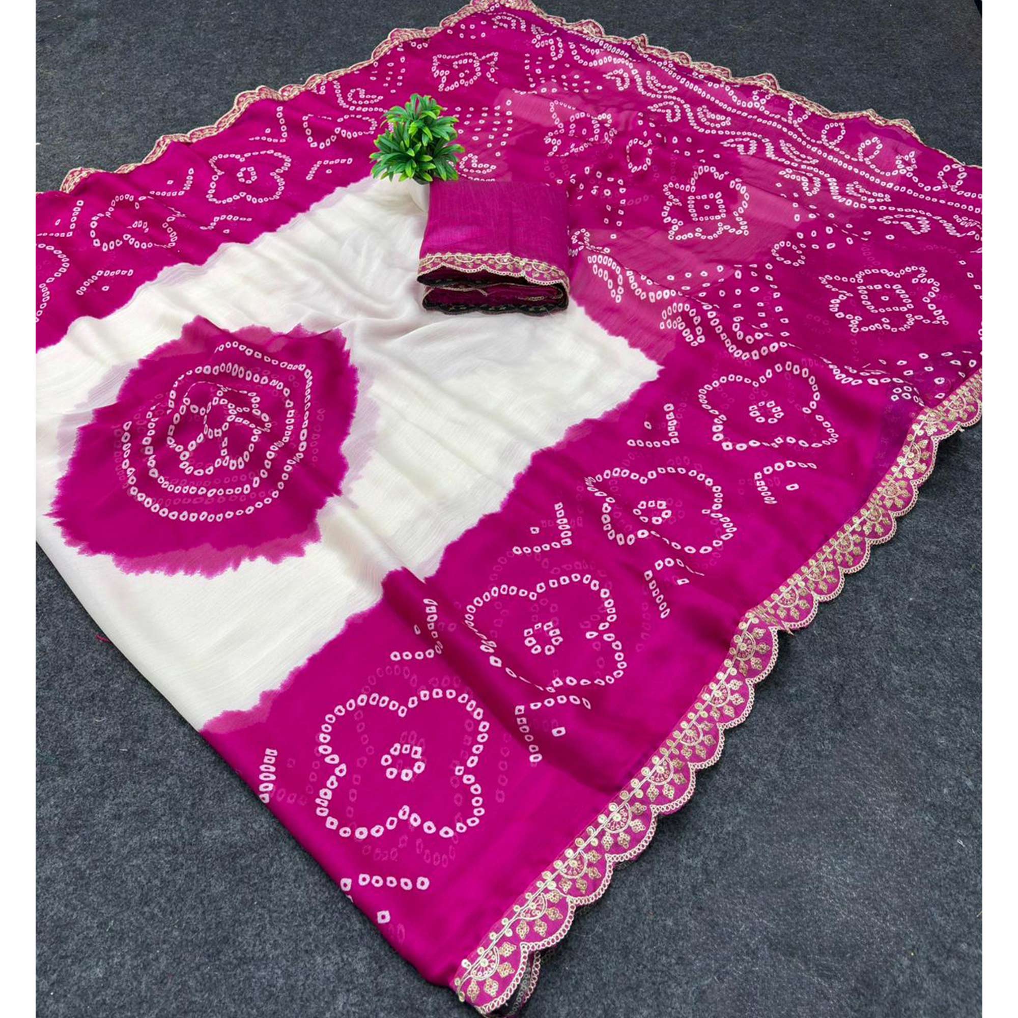 Pink & White Traditional Bandhani Printed Moss Chiffon Saree with Shimmering Sequins Work